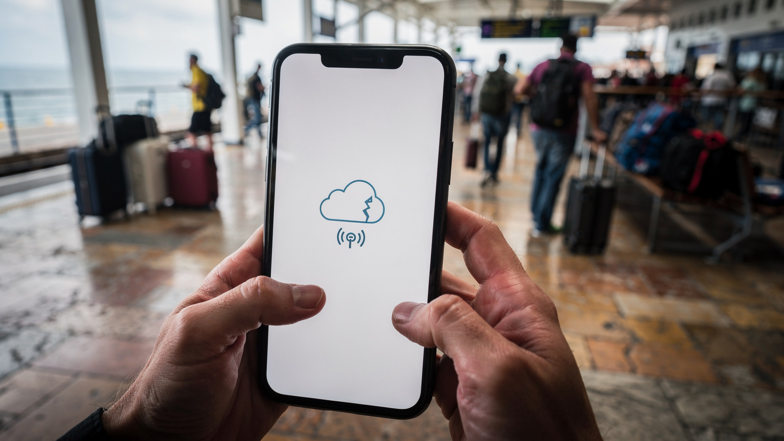 Un smartphone affichant un message d'erreur de connexion, tenu par des mains visiblement inquiètes, dans un environnement de voyage chaotique comme un terminal de ferry bondé.