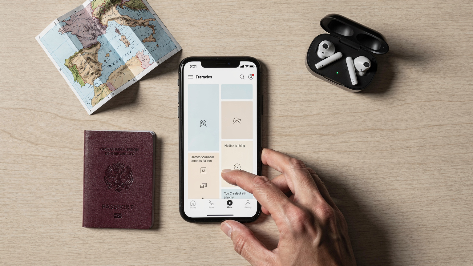Un plan serré sur une main tenant un téléphone avec l'interface de l'application Cellesim, entouré d'objets de voyage essentiels comme un passeport, des écouteurs et une carte routière sur une table en bois.