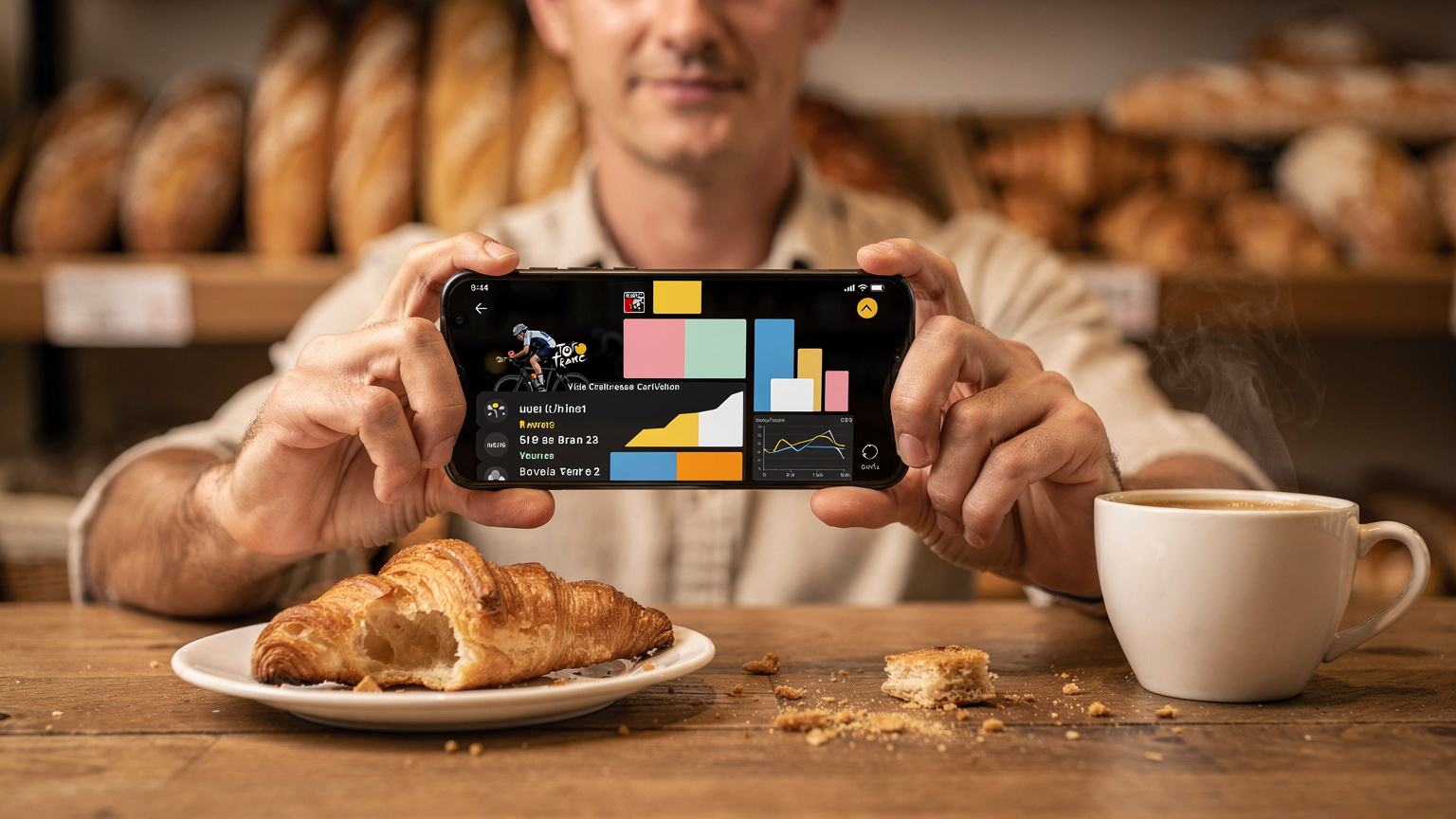 Een reiziger bekijkt geconcentreerd live updates van de Tour de France op hun smartphone, terwijl ze in een gezellige Franse bakkerij genieten van een croissant en koffie.