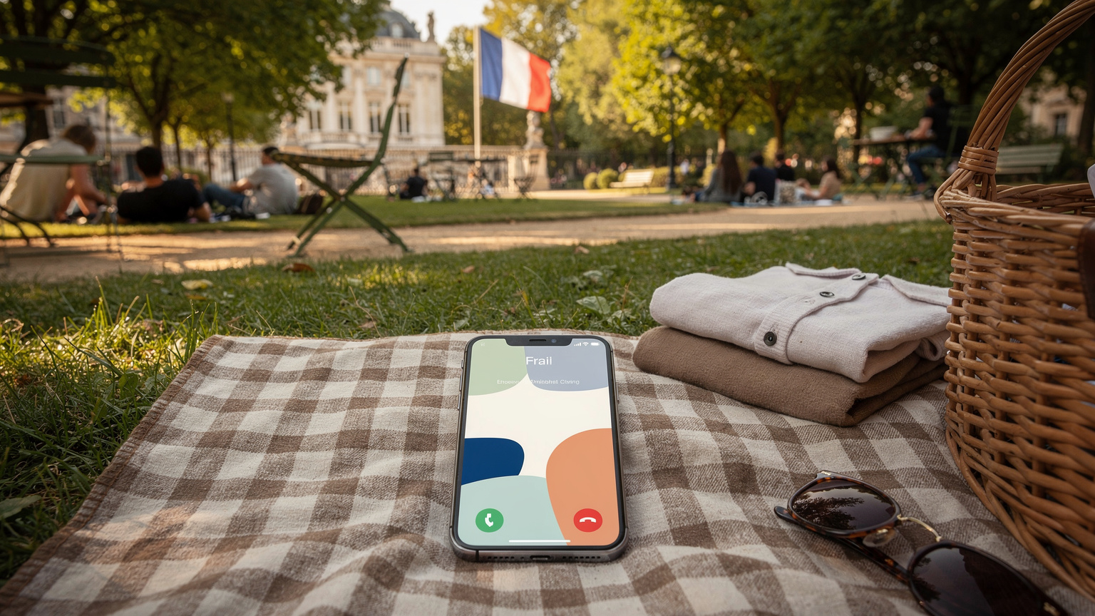 Een mobiele telefoon toont een actieve WhatsApp-oproep, liggend op een picknickkleed in een Frans park, met de vlag van Frankrijk discreet op de achtergrond.