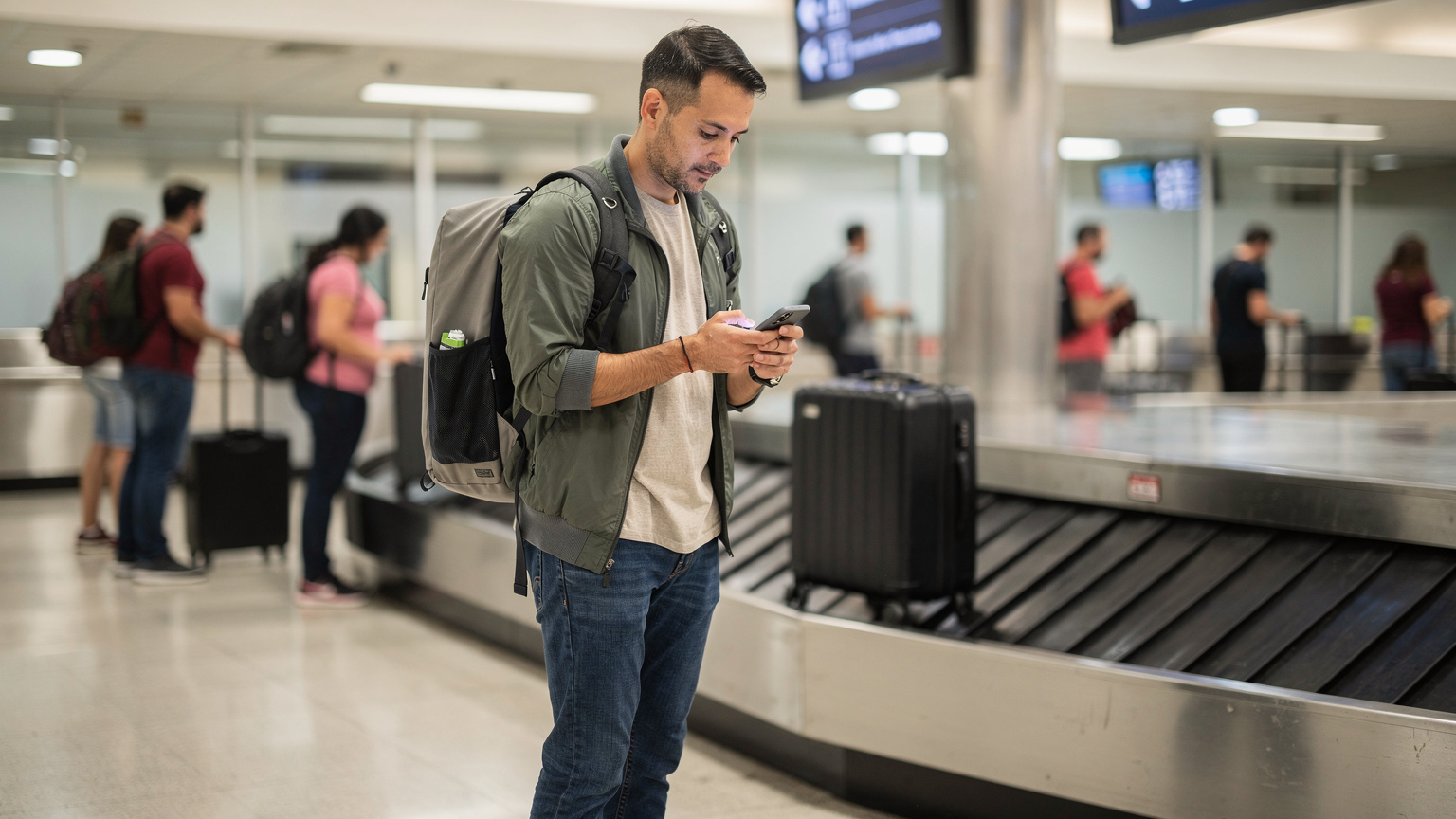 Un viajero consulta su móvil tranquilamente mientras espera su equipaje en el aeropuerto de El Dorado, Bogotá, ya conectado con su eSIM.