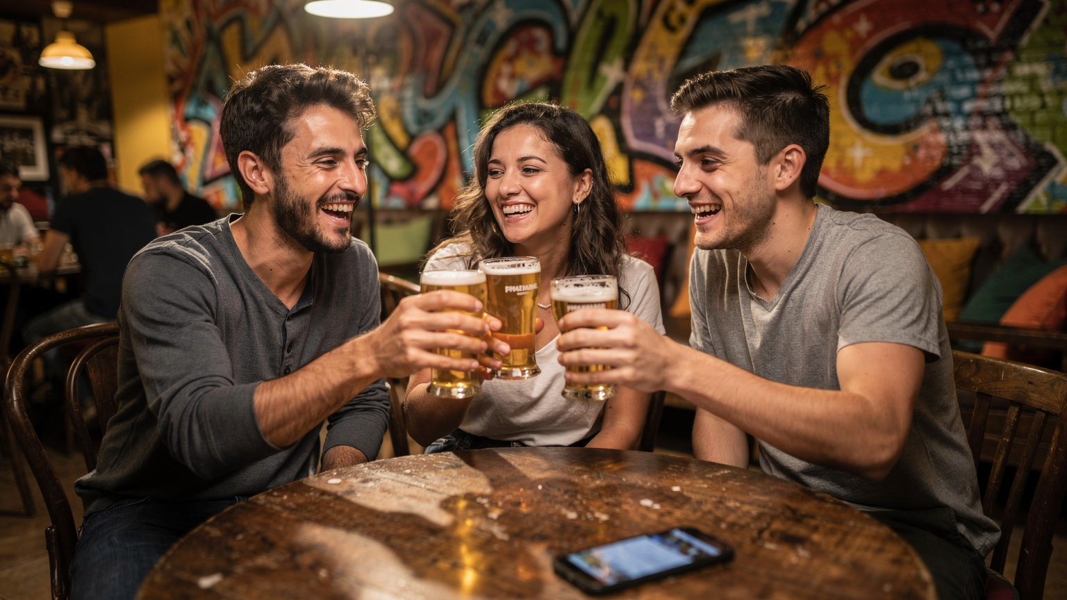 Un grupo de amigos en un hostel de ambiente festivo en Buenos Aires, compartiendo risas y brindando, con un teléfono sobre la mesa mostrando una conversación de WhatsApp.