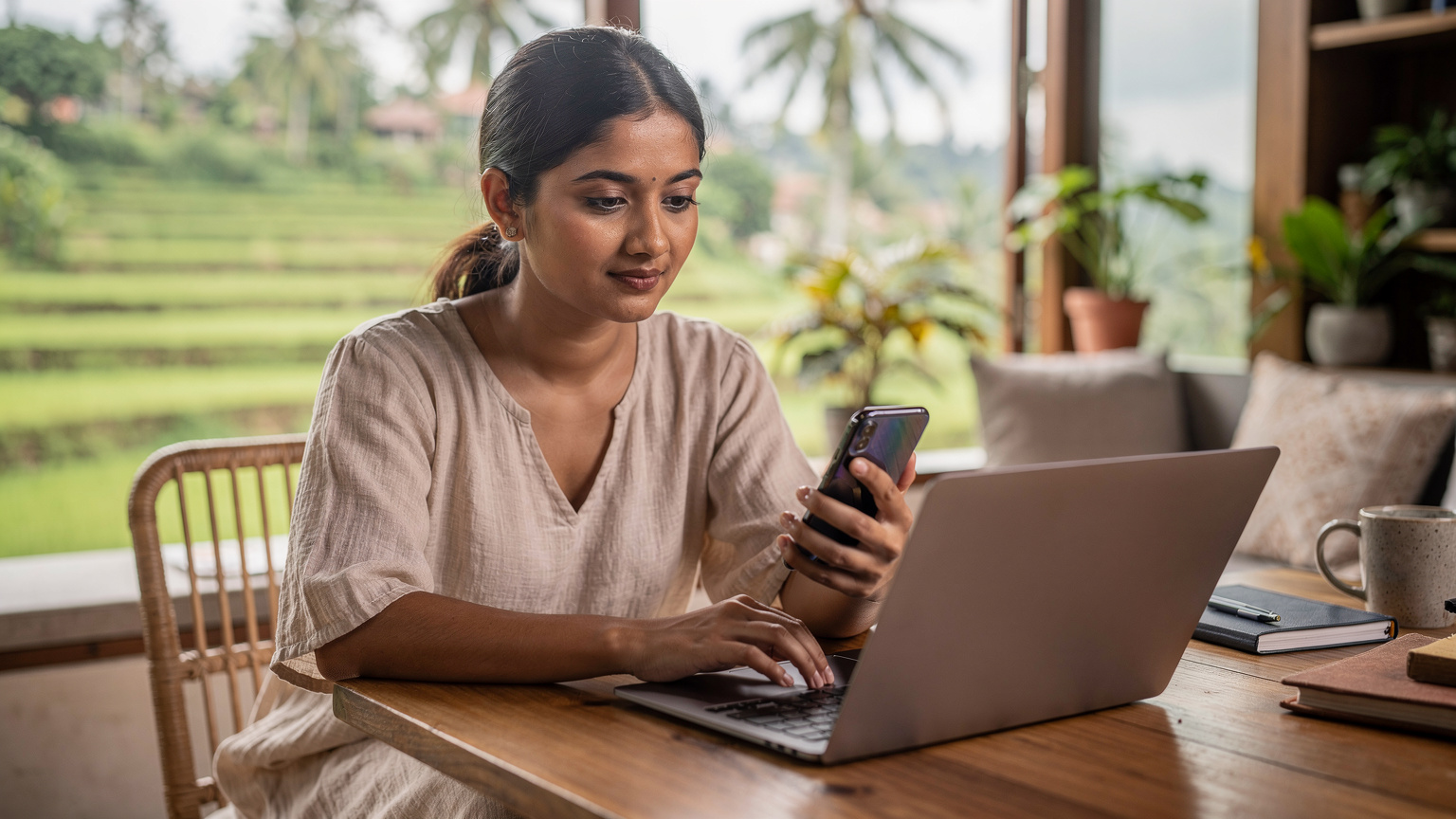 इंडोनेशिया के बाली में उबुद के हरे-भरे चावल के खेतों के बीच स्थित एक सह-कार्यस्थल में काम करती हुई एक युवा भारतीय महिला का क्लोज-अप, उसके हाथ में एक स्मार्टफोन है जिस पर eSIM एक्टिवेशन की प्रक्रिया चल रही है.