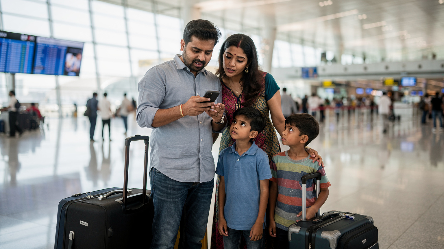 भारतीय मॉनसून की बारिश से बचने के लिए, एक भारतीय परिवार बैंकॉक के सुवर्णभूमि एयरपोर्ट पर अपने सामान के साथ खड़ा है, उनके चेहरे पर चिंता है क्योंकि वे अपने फोन पर कनेक्टिविटी की समस्या का सामना कर रहे हैं.