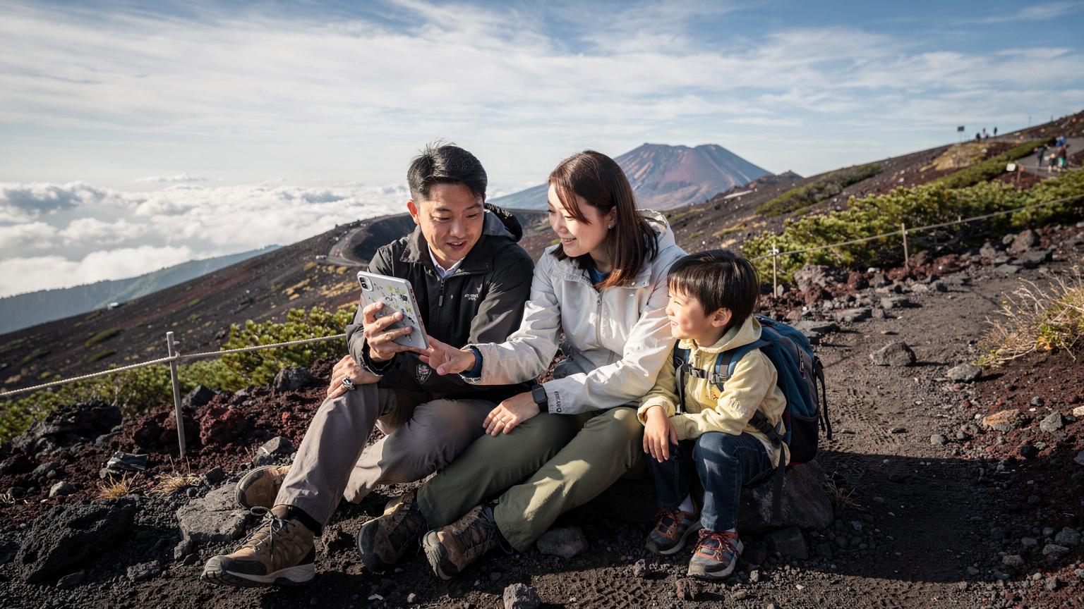 富士山の壮大な景色の中で、家族が休憩しながらスマートフォンで次のルートを確認している様子。