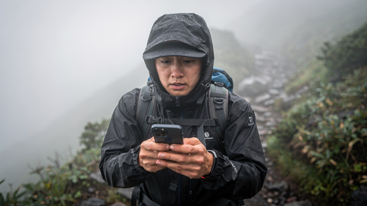 霧深い山中で、登山者がスマートフォンのオフライン地図アプリを確認し、現在地を慎重に特定している様子。