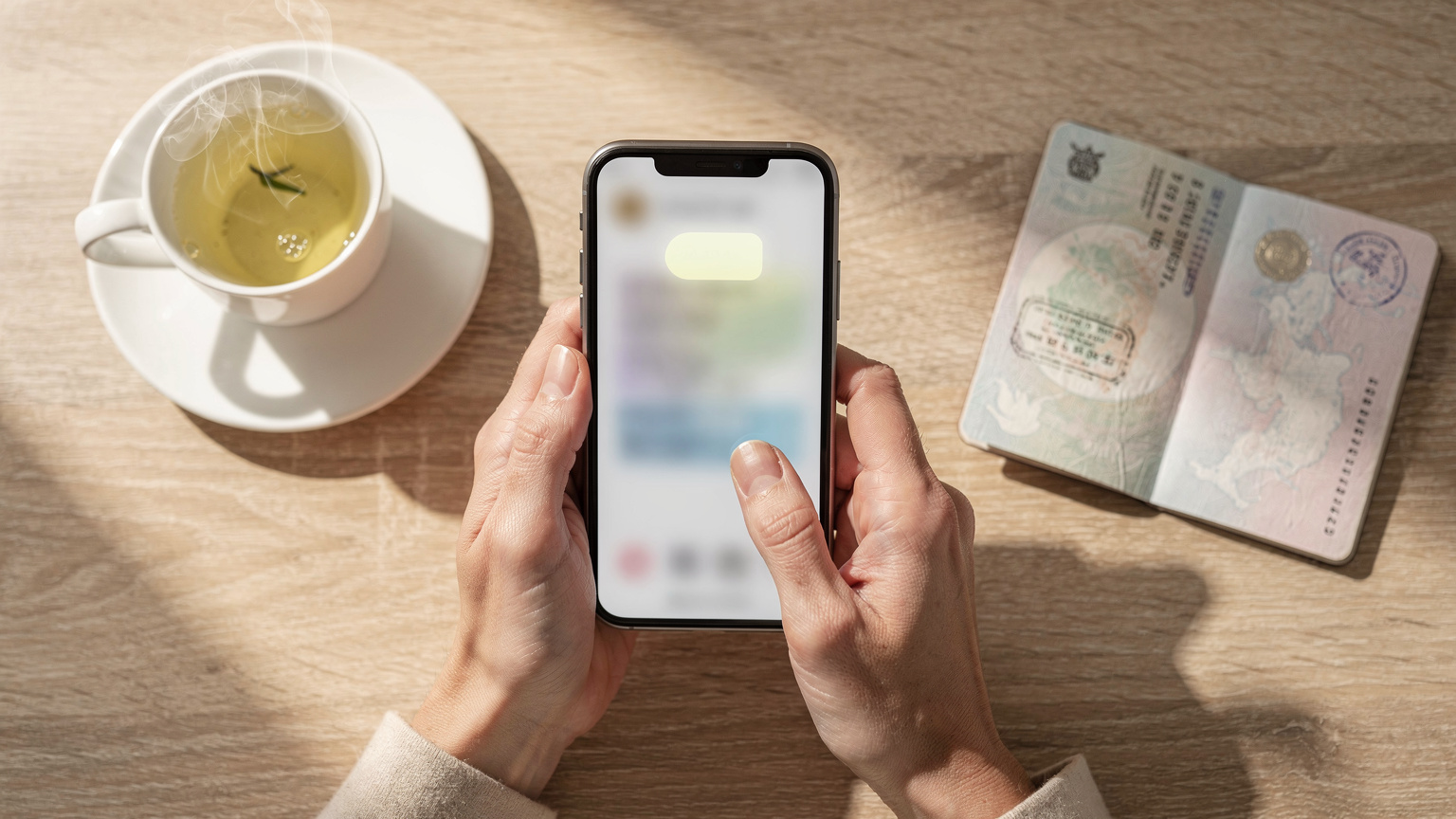 Một phụ nữ đang chăm chú đọc hướng dẫn cài đặt eSIM trên màn hình điện thoại, với một cốc trà ấm và hộ chiếu đặt trên bàn, chuẩn bị cho chuyến đi.