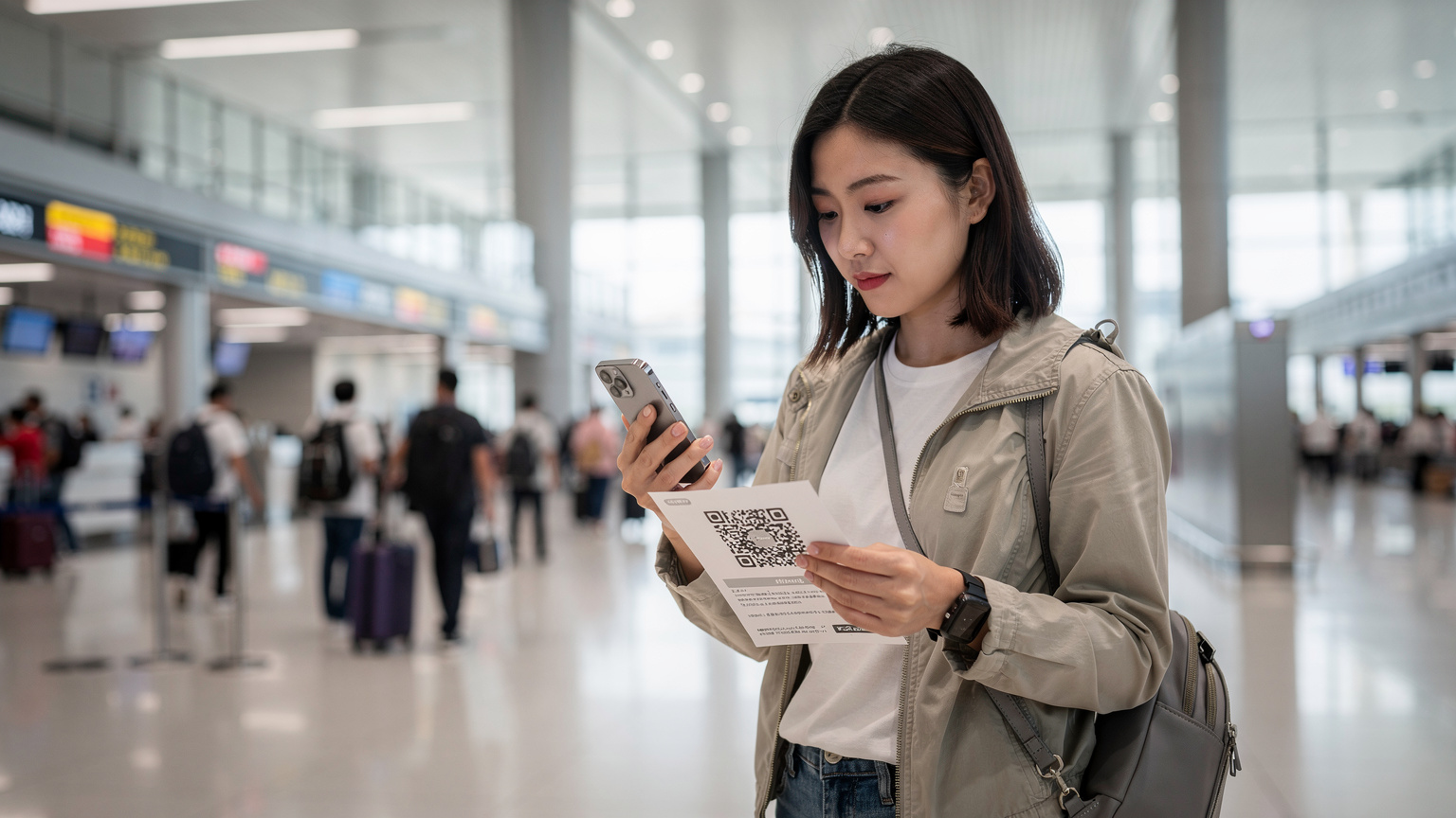 Một du khách đang quét mã QR trên điện thoại để kích hoạt eSIM ngay tại sân bay Bắc Kinh, với cảnh hành khách tấp nập phía sau.