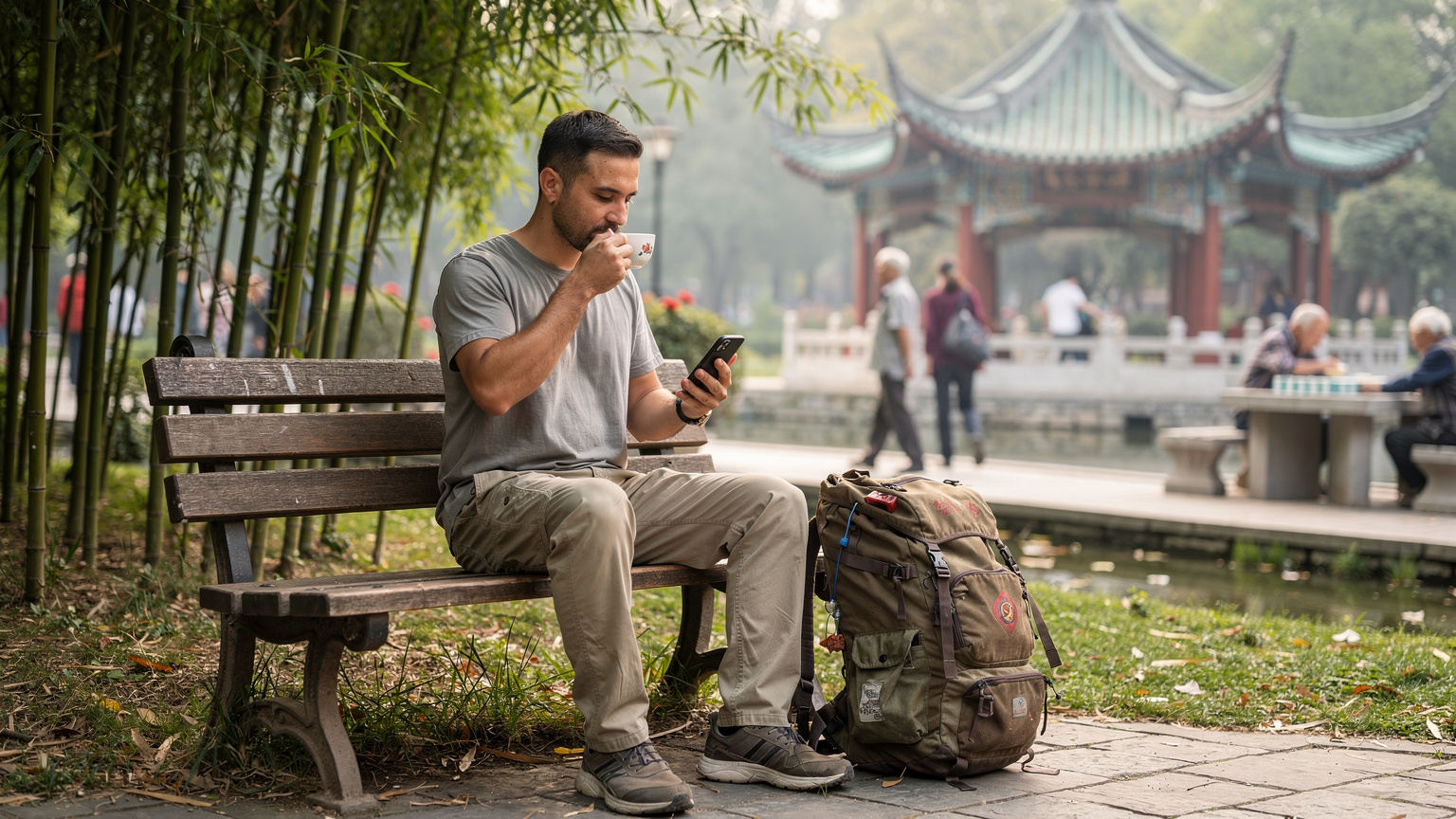 Một du khách ba lô đang ngồi trên ghế đá công viên ở Thành Đô, vừa dùng điện thoại tra cứu bản đồ vừa thưởng thức trà chiều.