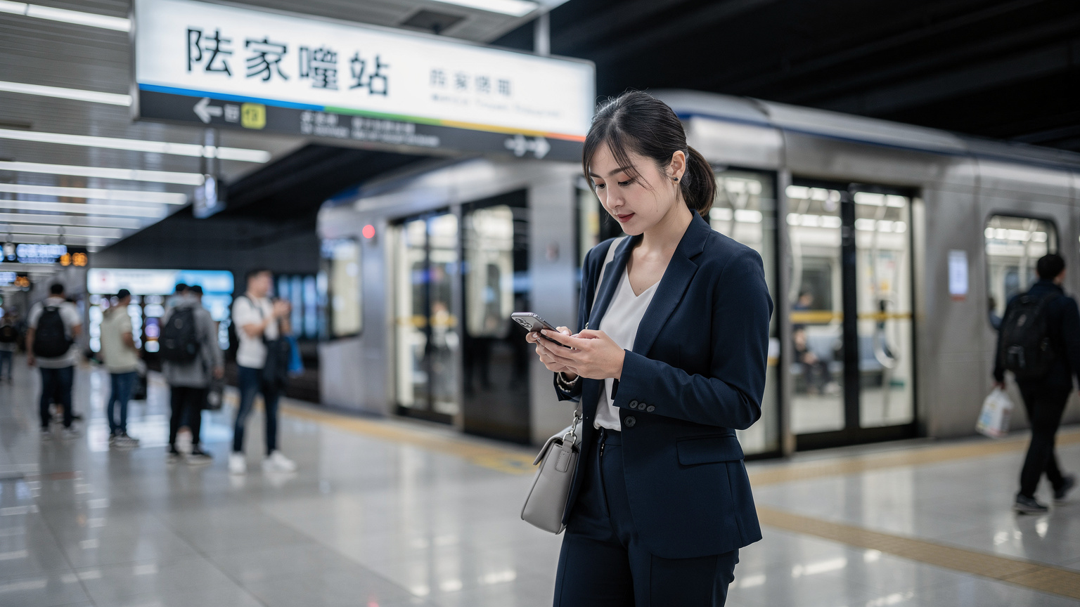 Một phụ nữ trẻ đang nhanh chóng kiểm tra lịch trình trên điện thoại của mình khi đứng tại ga tàu điện ngầm Lujiazui, Thượng Hải, chuẩn bị cho một ngày làm việc bận rộn.