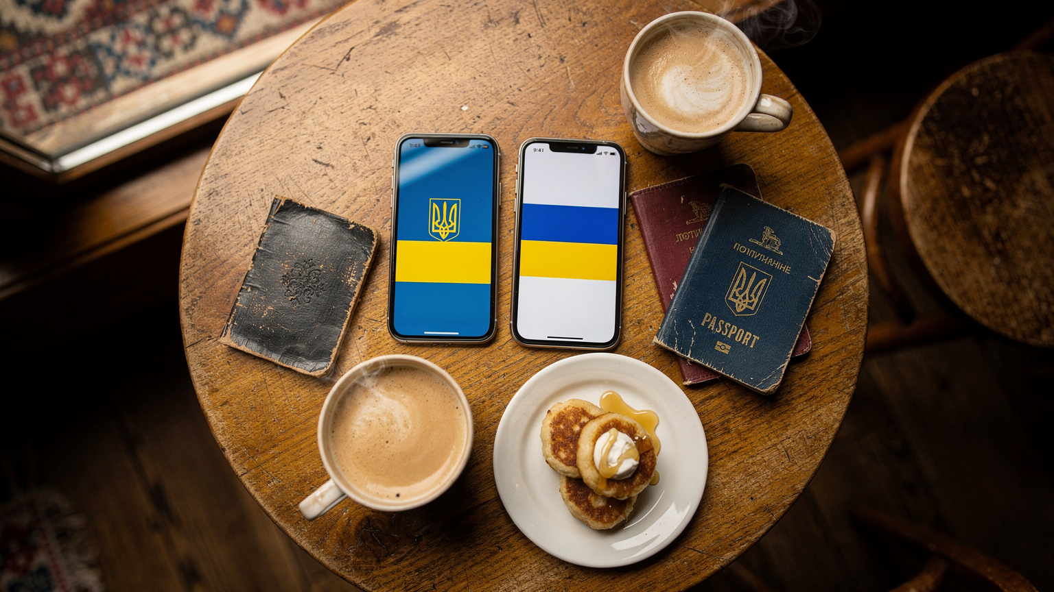 Затишне українське кафе в центрі Лондона, де люди п'ють каву та розмовляють, а на столі лежать кілька смартфонів з українськими прапорцями на екранах, що символізує зв'язок з домом.