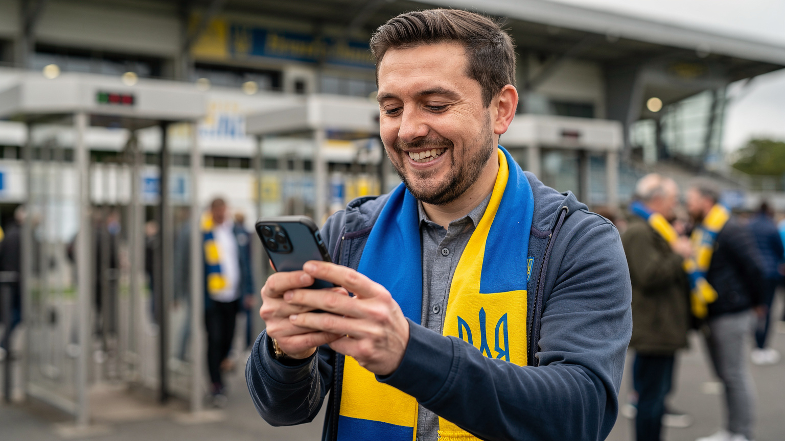 Фанат футболу з України успішно активує eSIM на своєму телефоні, стоячи біля турнікетів стадіону в Дубліні, готуючись пройти на матч.