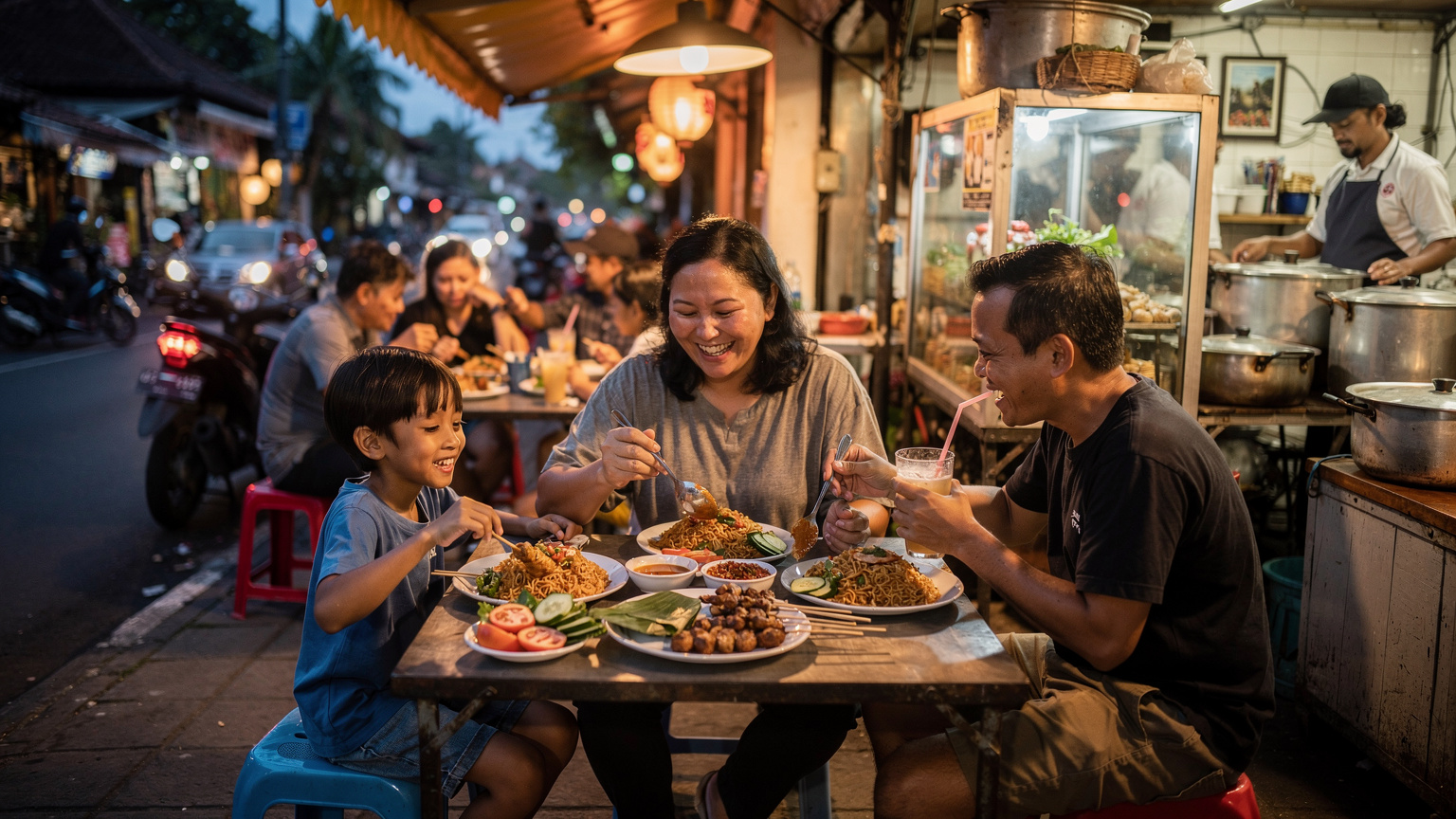 Sebuah keluarga Indonesia sedang menikmati hidangan makan malam di sebuah warung makan pinggir jalan yang ramai di Seminyak, Bali.