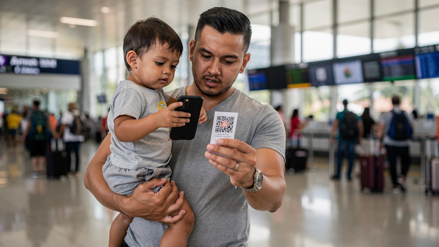 Seorang ayah dengan anak di gendongannya sedang memindai kode QR eSIM di ponselnya di area kedatangan Bandara Ngurah Rai, Denpasar, Bali.