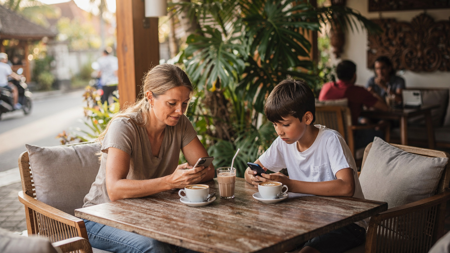 Seorang ibu dan anaknya duduk di sebuah kafe di Seminyak, Bali, keduanya fokus pada ponsel masing-masing, memanfaatkan WiFi gratis.