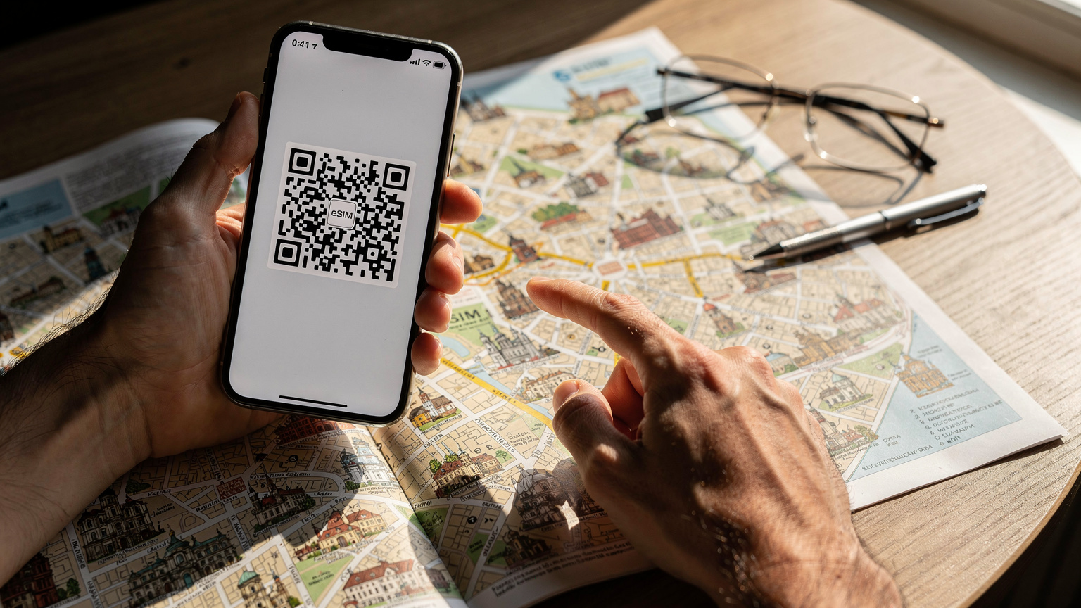 Крупний план рук, що тримають телефон з QR-кодом для активації eSIM, на тлі туристичної карти.