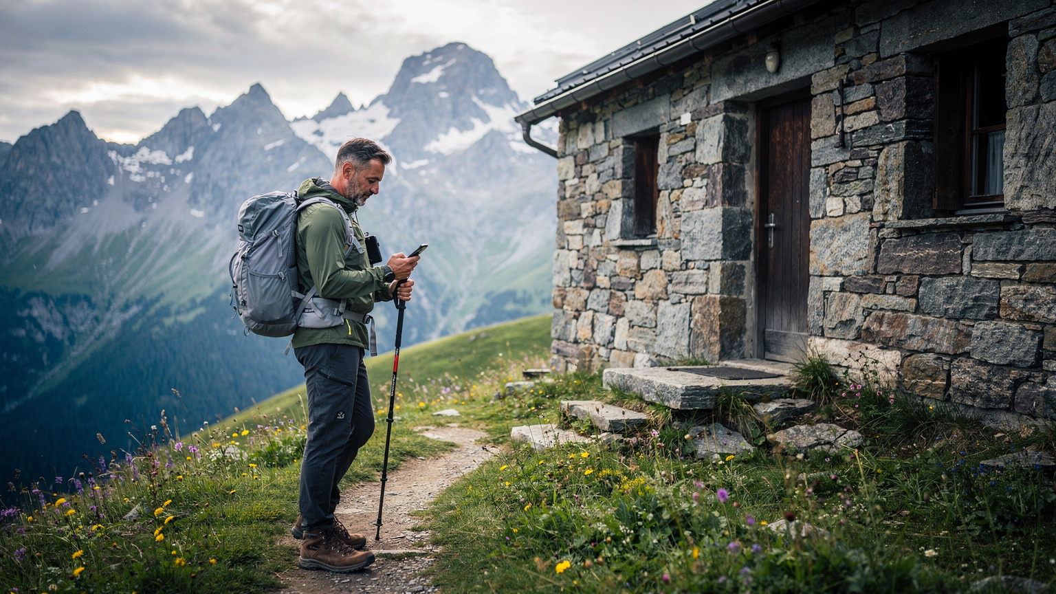 En turgåer stopper for å sjekke kartet på telefonen sin ved en tradisjonell steinhytte i de franske Alpene, med frodige grønne enger og snødekte fjell i bakgrunnen.