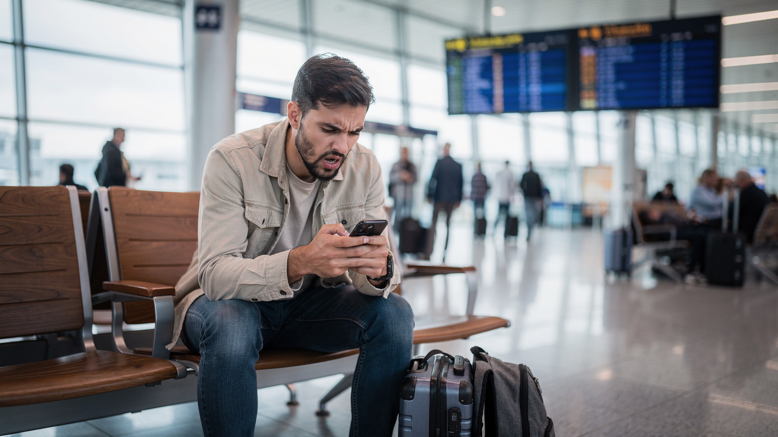 En travel reisende ser med bekymring på mobiltelefonen sin som viser en høy roamingregning, sittende på en benk på en flyplass i Europa.