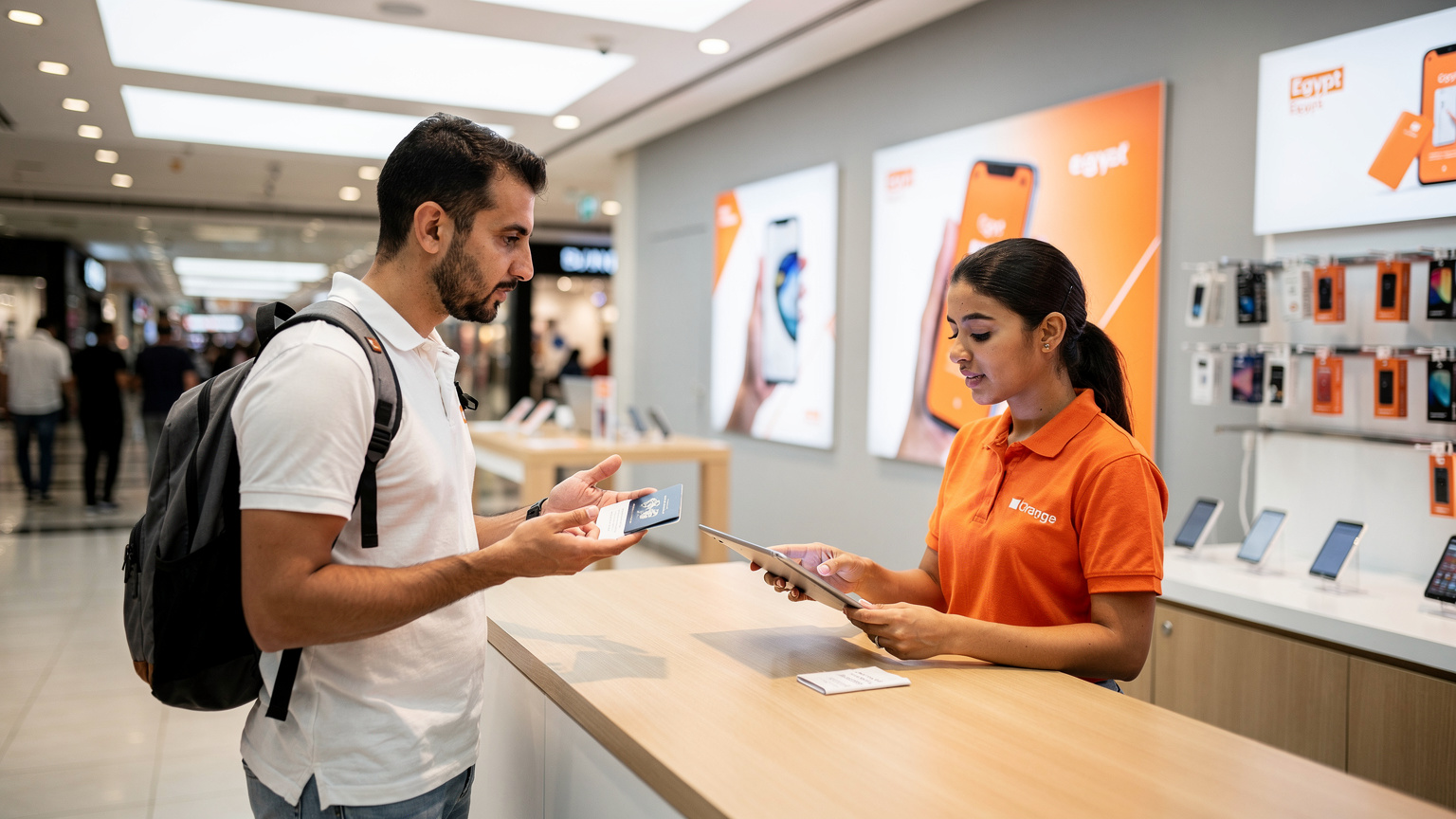 Турист общается с продавцом в салоне связи Orange Egypt в торговом центре Каира.