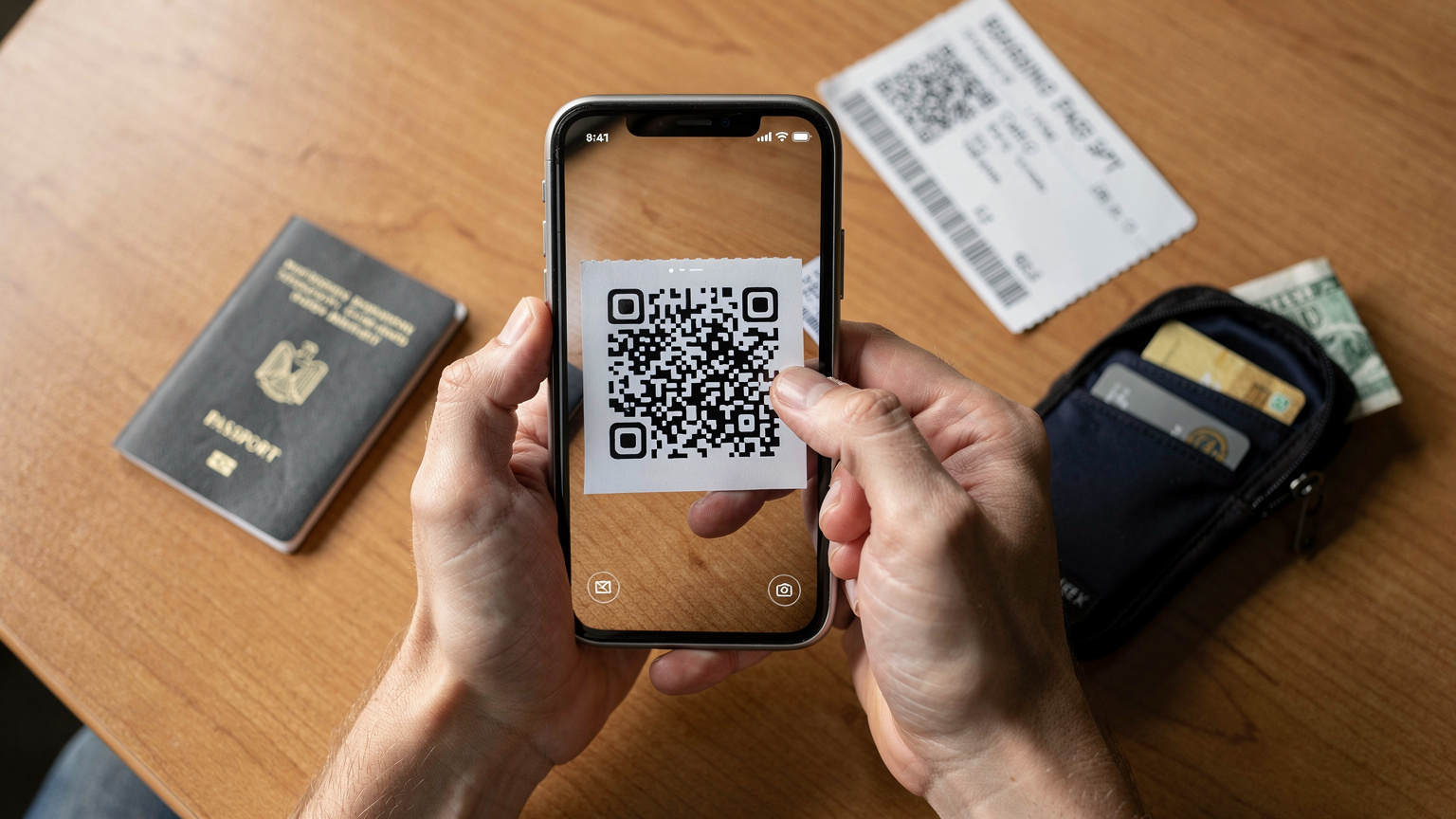 Руки туриста, держащие смартфон, сканируют QR-код eSIM перед вылетом в Египет.