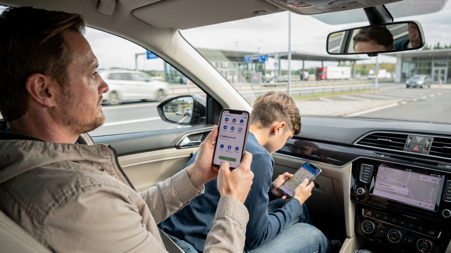 En familie sidder i deres bil på en rasteplads i Tyskland og tjekker deres telefoner for vejvisning, mens en af passagererne holder en smartphone med et eSIM-installationsskærmbillede. Den åbne motorvej ses i baggrunden.