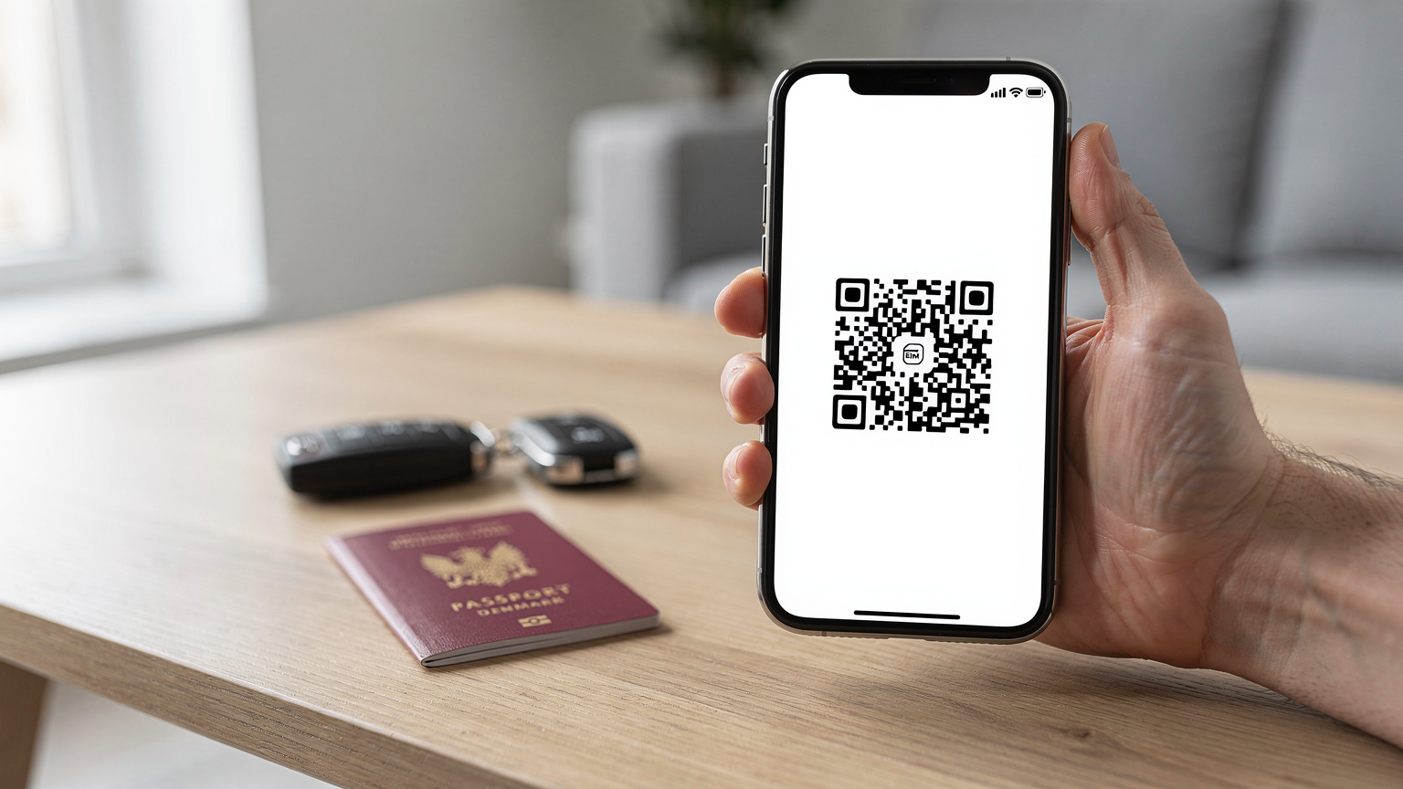 En hånd holder en smartphone, der viser en QR-kode til eSIM-installation, med en bilnøgle og et pas liggende på et bord i baggrunden. Billedet er taget i et moderne, minimalistisk interiør.