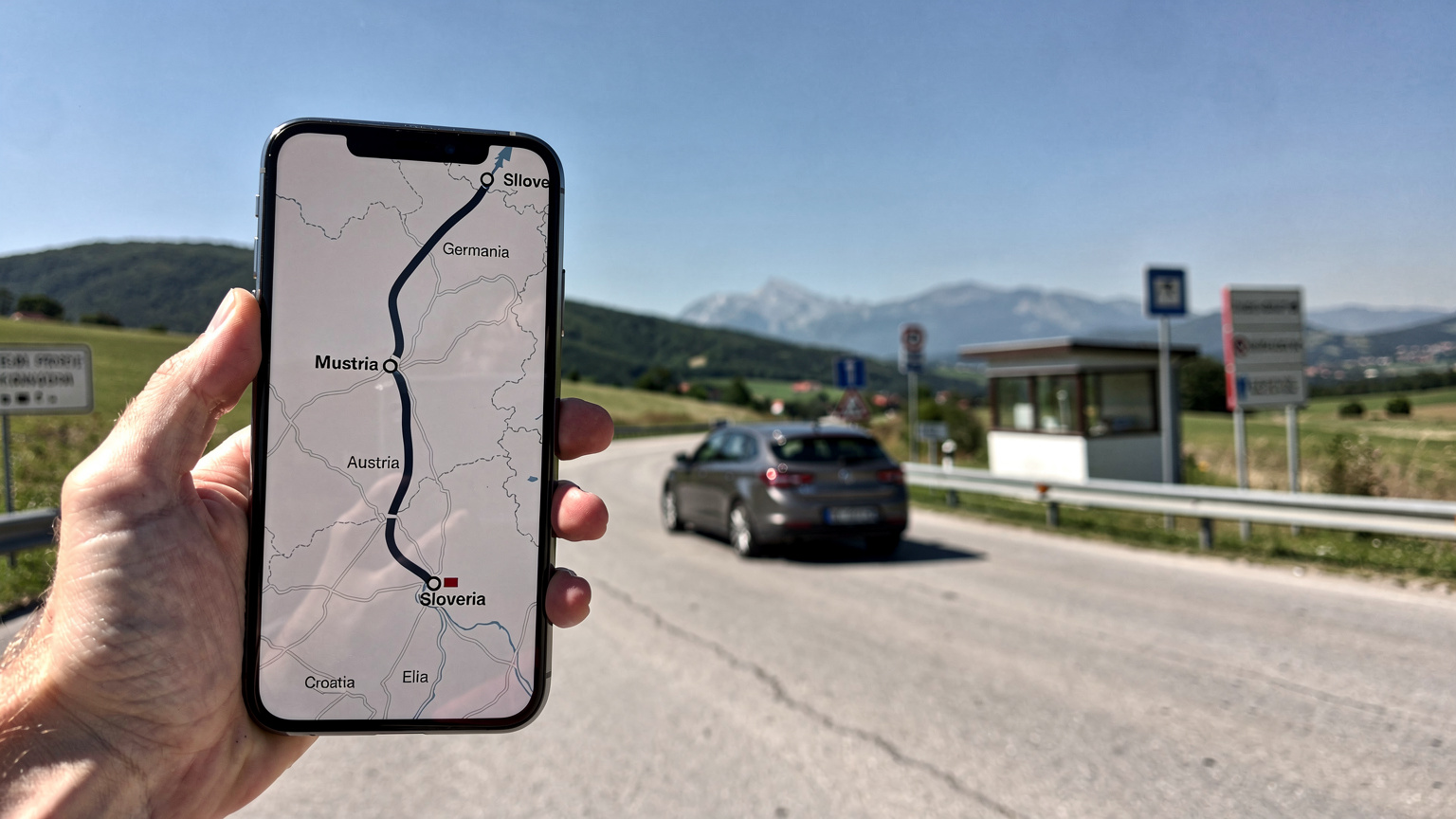 En person holder en smartphone med et kort, der viser ruten fra Tyskland til Kroatien, med fokus på et grænseområde. Bilen ses parkeret ved en grænseovergang i baggrunden, under en klar himmel.