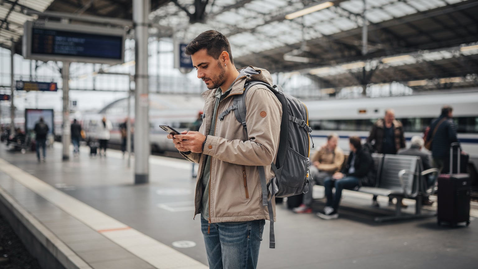Almanya'daki bir tren istasyonu peronunda, sırt çantalı genç bir seyahat eden kişi, tren beklerken akıllı telefonundan eSIM ayarlarını kontrol ediyor. Çevresinde diğer yolcular ve modern bir tren istasyonu mimarisi var.