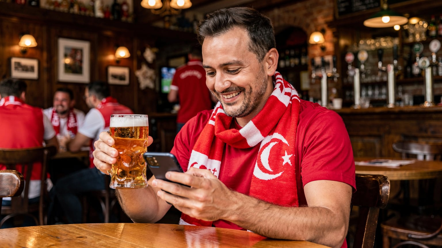 Almanya'daki geleneksel bir pub'da, kalabalık ve neşeli bir ortamda, bir grup Türk taraftarın telefonundan maç skorlarını kontrol eden bir üyesi. Bira bardakları ve pub atmosferi arka planda.