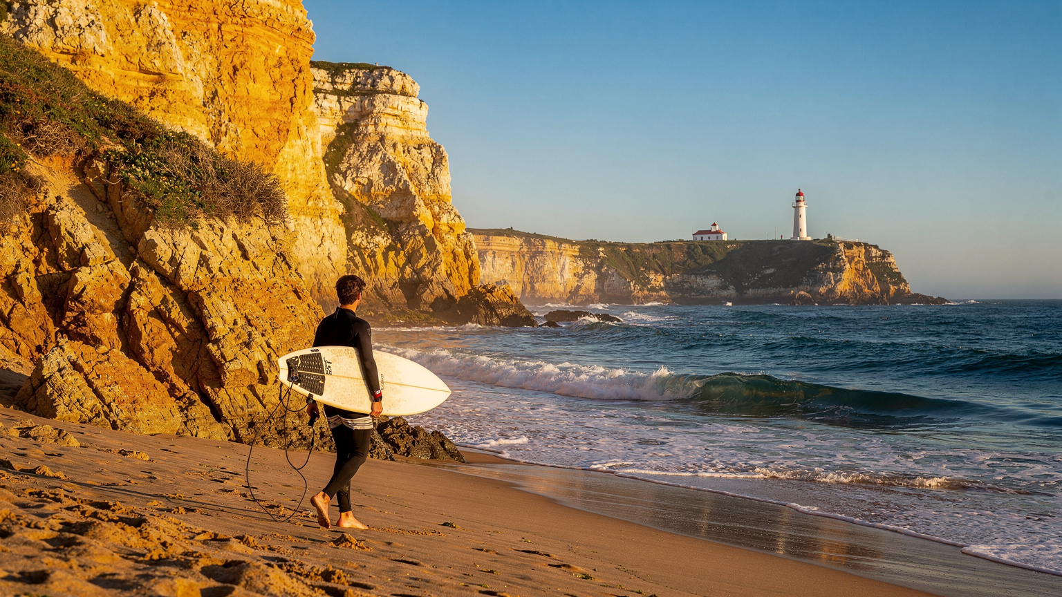 Eine malerische Küstenlandschaft in Portugal mit hohen Klippen und einem Leuchtturm im Hintergrund, während eine Person mit einem Surfbrett zum Strand geht.