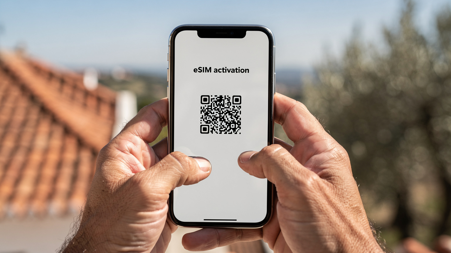 Nahaufnahme von Händen, die ein Smartphone halten und den Bildschirm berühren, auf dem eine eSIM-Aktivierungsseite mit einem QR-Code angezeigt wird, im Hintergrund eine verschwommene portugiesische Landschaft.