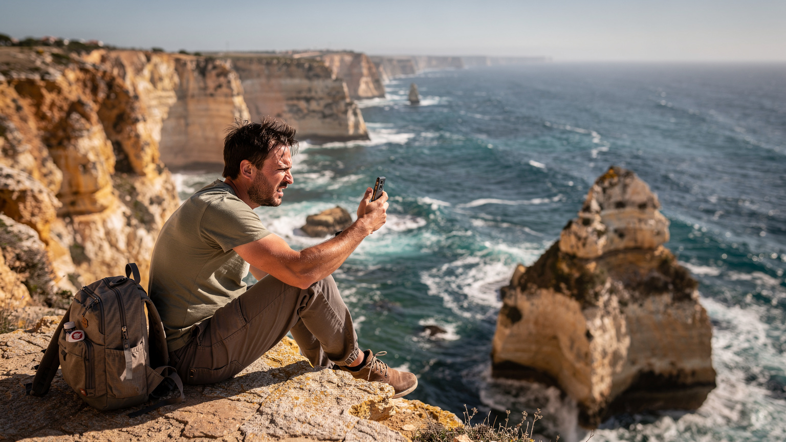 Ein Reisender sitzt auf einem Felsen am Rande einer Klippe, schaut auf das Meer und hält sein Smartphone in der Hand, während er frustriert den schwachen Empfang prüft. Im Hintergrund ist die raue Küstenlinie der Algarve zu sehen.