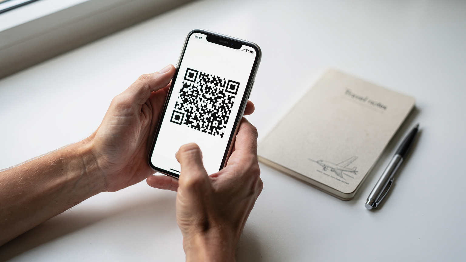 En tæt på-optagelse af en rejsende, der holder en iPhone, mens den scanner en QR-kode fra en anden skærm for at aktivere et eSIM, med hænder, der er let solbrændte og afslappede.