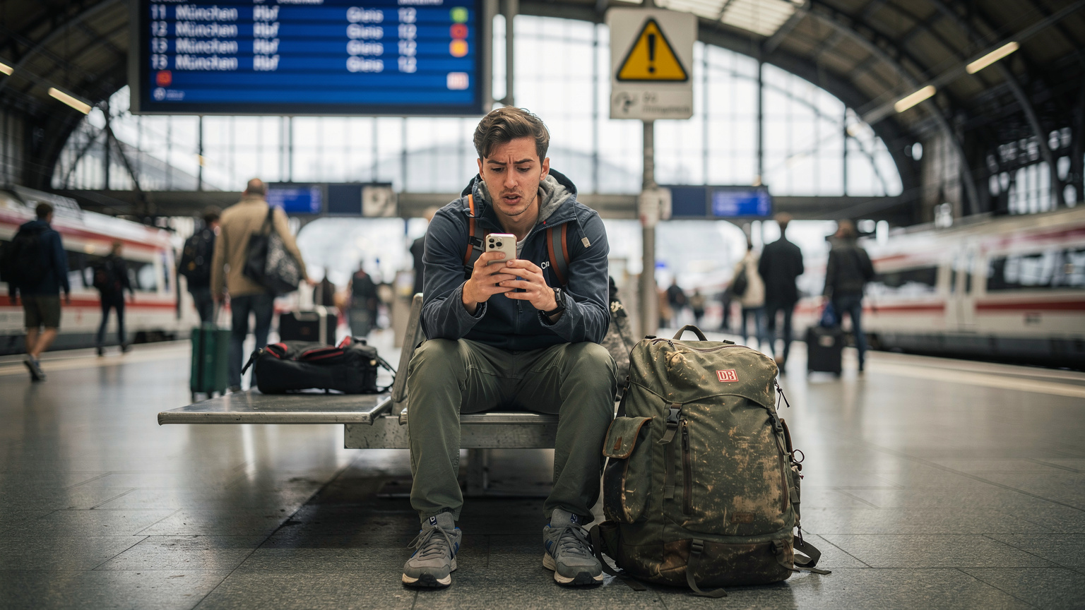 En ung backpacker sidder på en travl togstation i München, Tyskland, og kigger bekymret på sin iPhone, mens han tilsyneladende kæmper med dårlig forbindelse, med rygsækken ved siden af sig og togplaner i baggrunden.