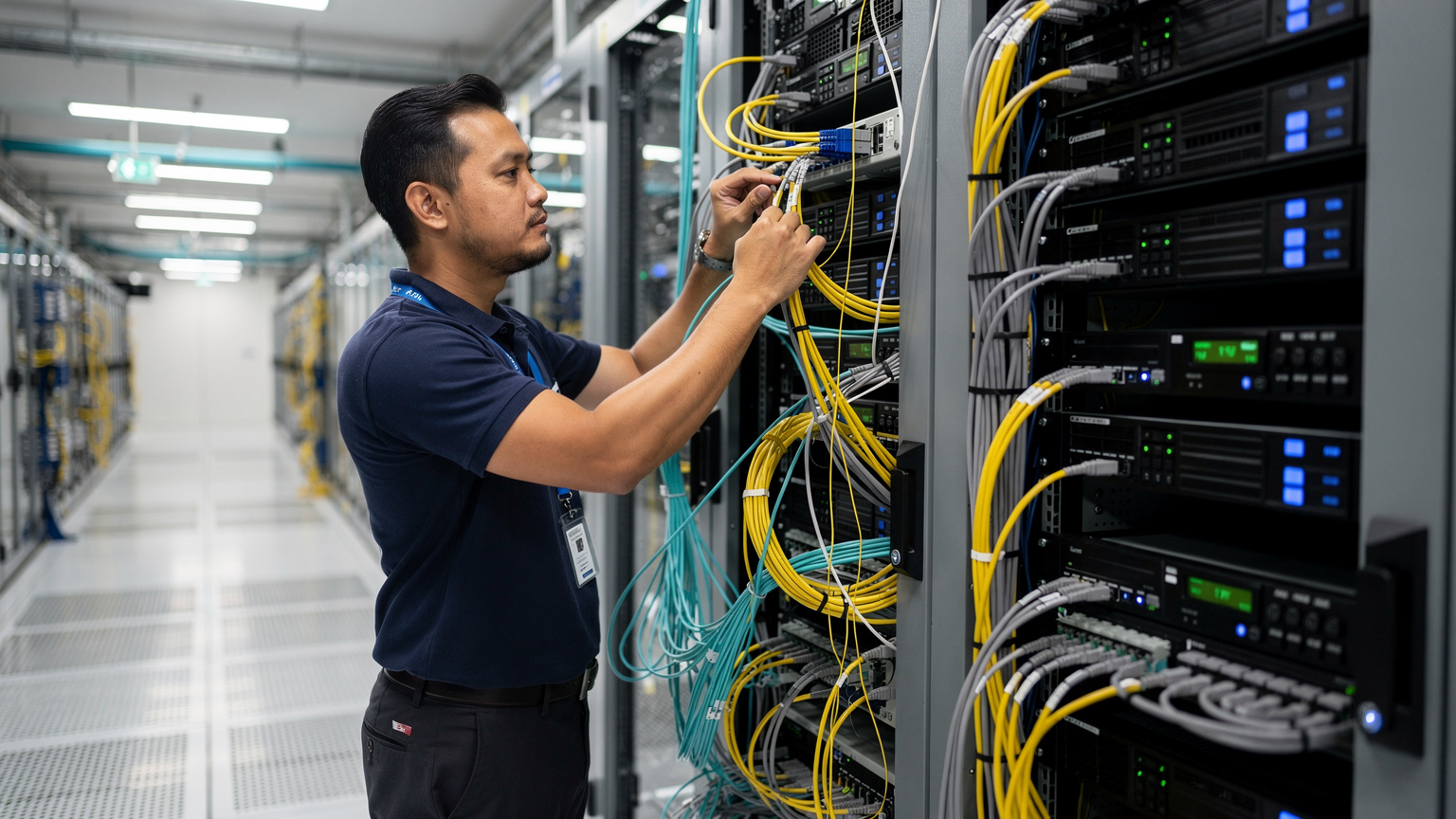 Un technicien examinant des équipements de télécommunications dans un centre de données ultramoderne à Bangkok, illustrant la complexité de l'infrastructure réseau thaïlandaise.