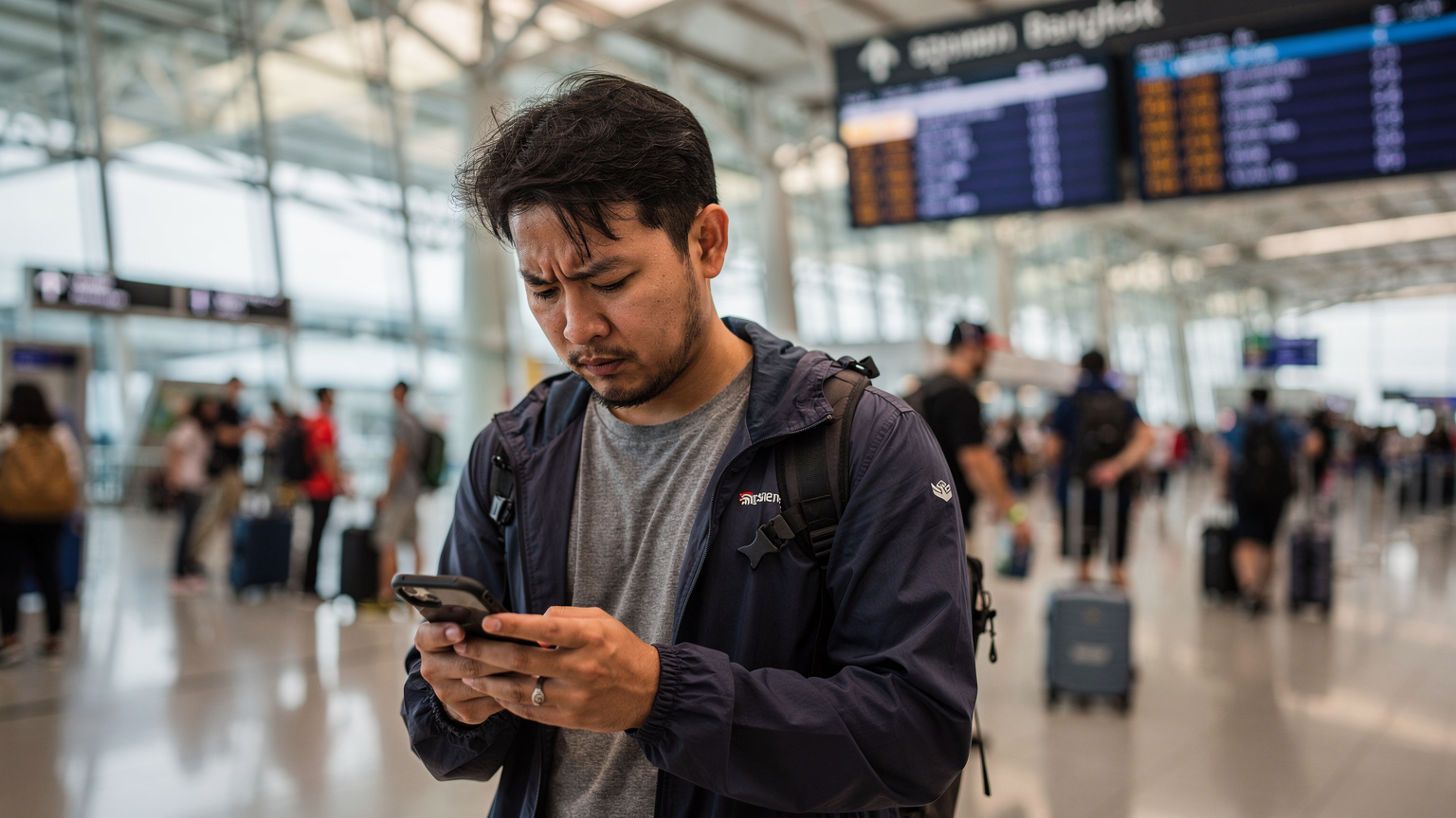 Un voyageur à l'aéroport de Suvarnabhumi à Bangkok, regardant son téléphone avec un air d'inquiétude, symbolisant un problème de connectivité ou une confusion avec l'activation d'un service.