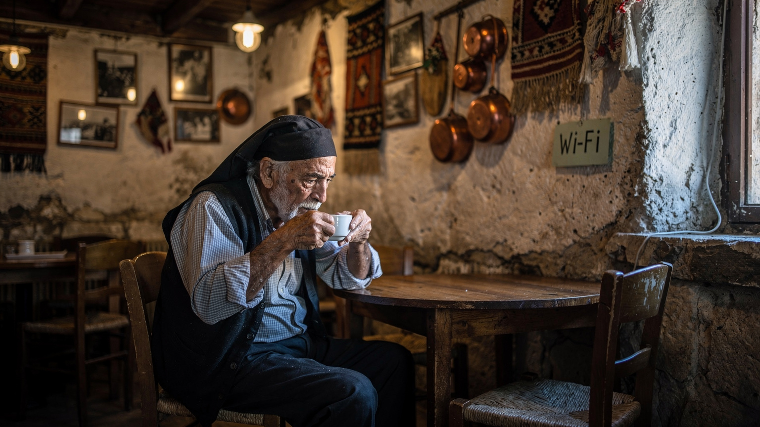 Ένα παραδοσιακό καφενείο στην Κρήτη, με έναν ηλικιωμένο ντόπιο να πίνει καφέ, ενώ στο βάθος διακρίνεται μια πινακίδα Wi-Fi, υποδηλώνοντας την ανάγκη για σύνδεση ακόμη και σε απομακρυσμένα μέρη.