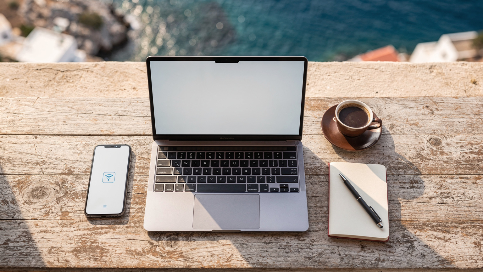 Ένα laptop, ένα κινητό τηλέφωνο με ενεργή eSIM, ένα φλιτζάνι ελληνικού καφέ και ένα σημειωματάριο, τοποθετημένα προσεκτικά σε ένα ξύλινο τραπέζι με θέα τη θάλασσα στην Κρήτη, δημιουργώντας ένα γραφικό περιβάλλον εργασίας.