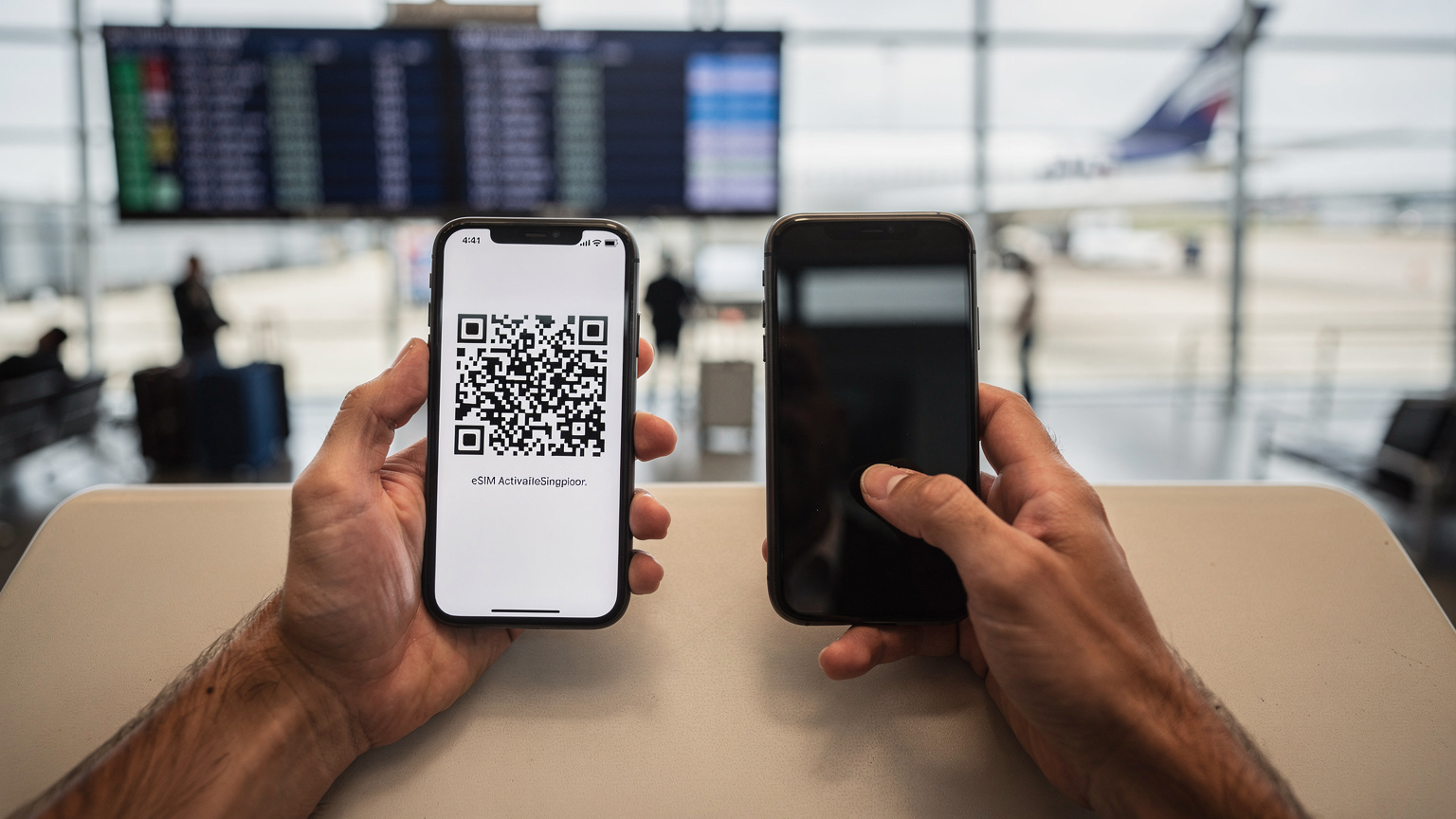 Un primo piano di mani che tengono uno smartphone, mentre un codice QR eSIM viene scannerizzato in un ambiente aeroportuale luminoso.