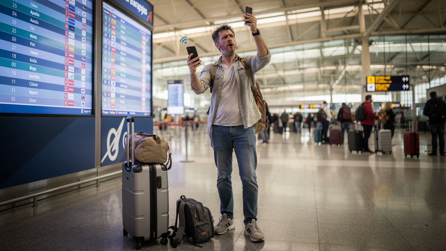 Un viaggiatore disorientato cerca una connessione Wi-Fi gratuita all'aeroporto di Madrid-Barajas, con bagagli e uno sguardo preoccupato sul volto.