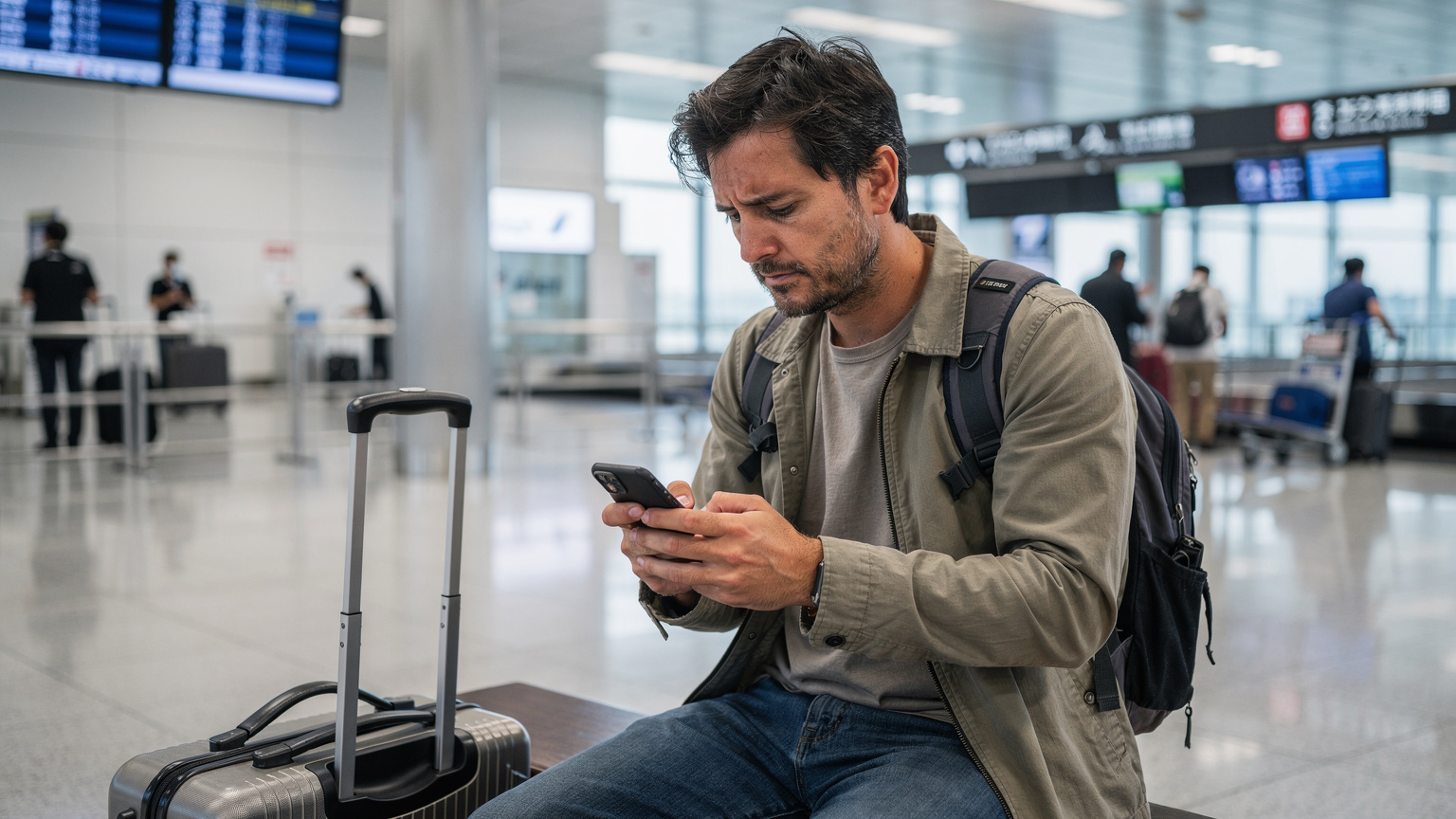 Tokyo Narita Havalimanı'nda, bir yolcu geliş salonunda, elindeki akıllı telefonda eSIM kurulum talimatlarını inceliyor. Arka planda Japonca ve İngilizce tabelalar, valizini bekleyen diğer yolcular seçiliyor.