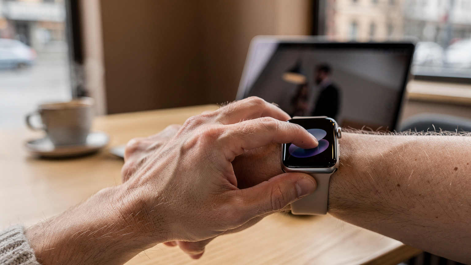 Nærbilde av en hånd som interagerer med en Apple Watch på en kafé i Oslo, med en kaffekopp og bærbar PC i bakgrunnen.