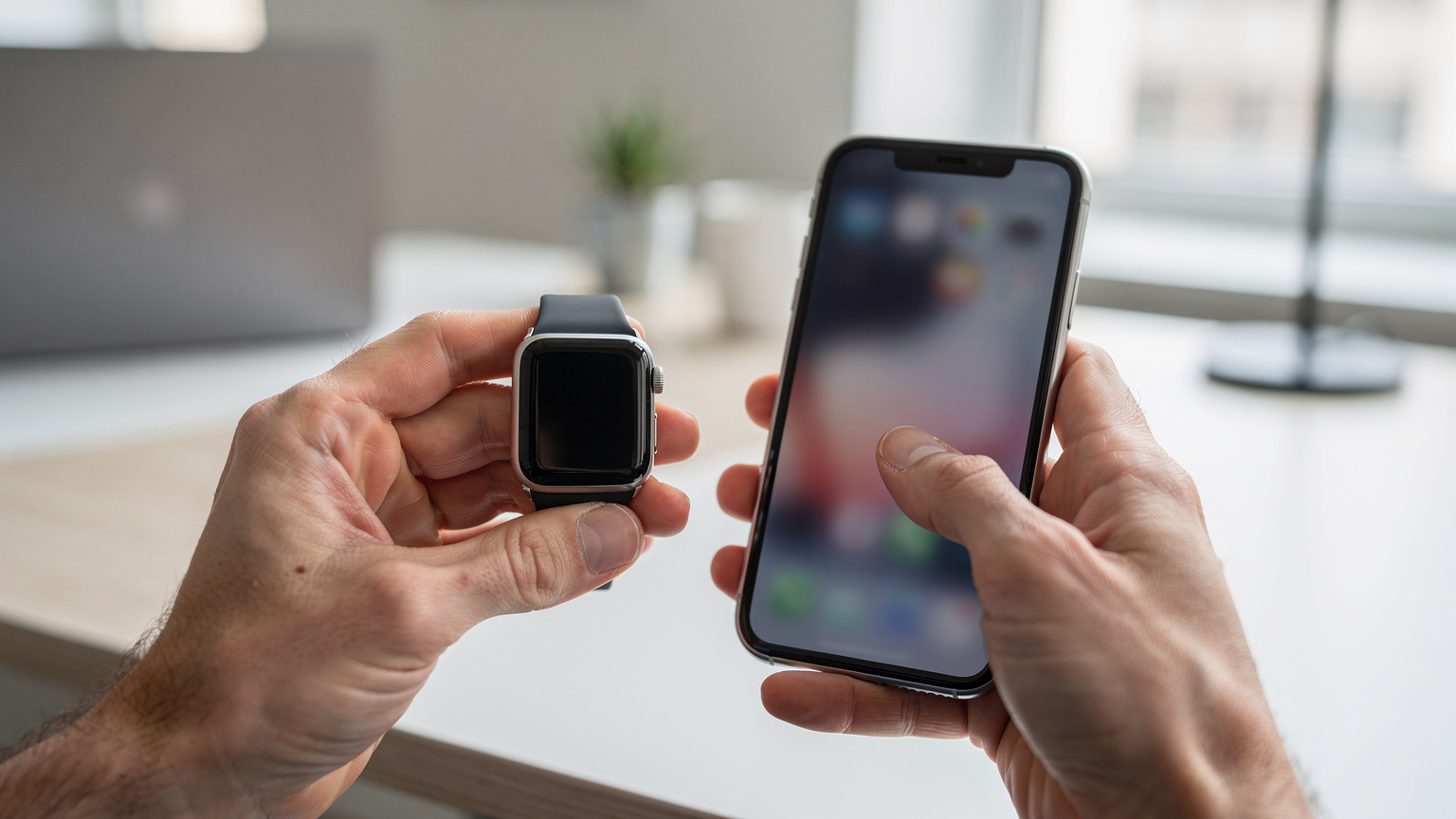En person viser sin Apple Watch og iPhone som er paret, og demonstrerer oppsettprosessen i en moderne, lys kontorinnstilling.