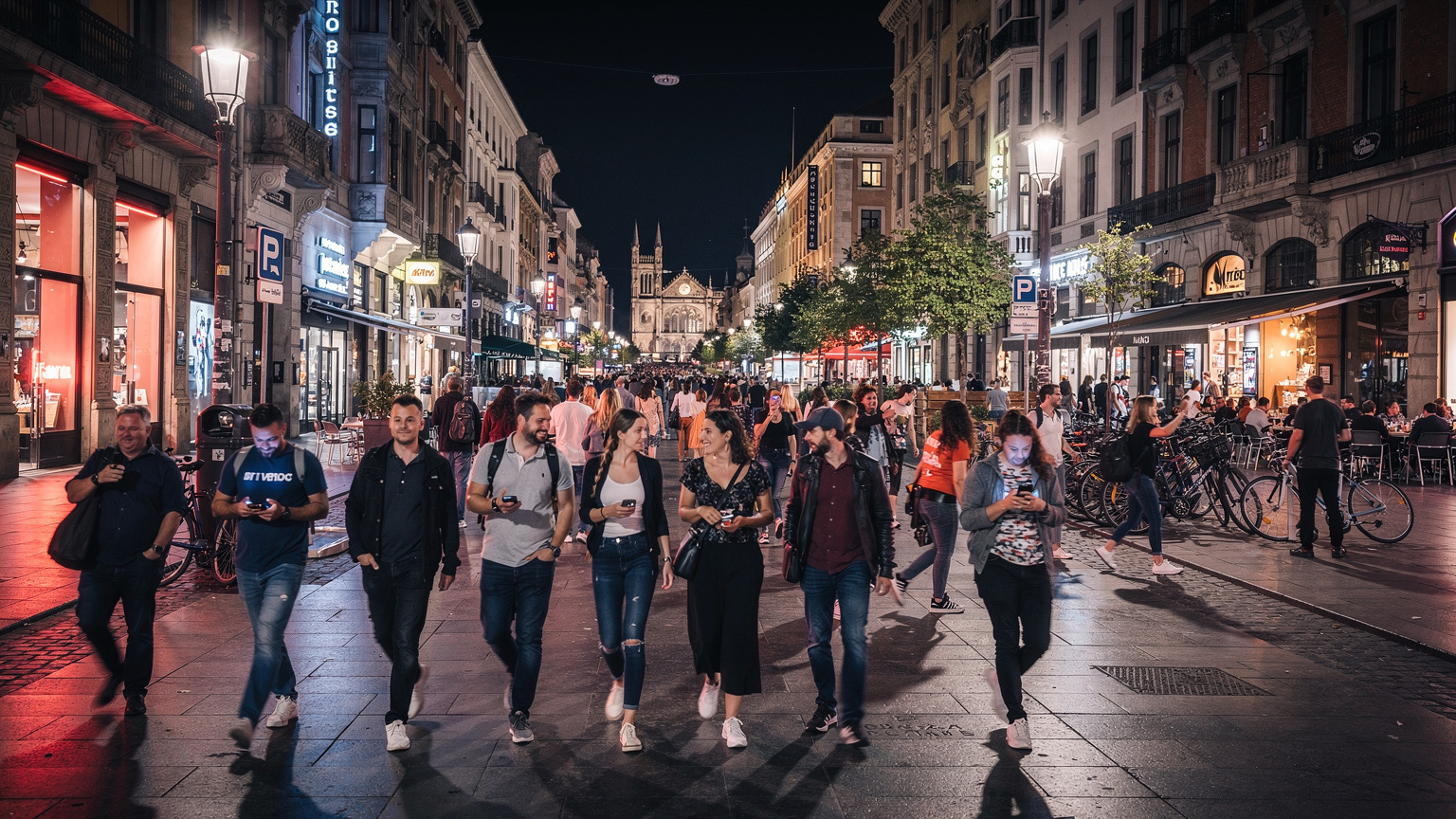 En travel gate i en europeisk storby ved midnatt, med lys fra butikker og restauranter, og folk som bruker mobiltelefoner og smartklokker.