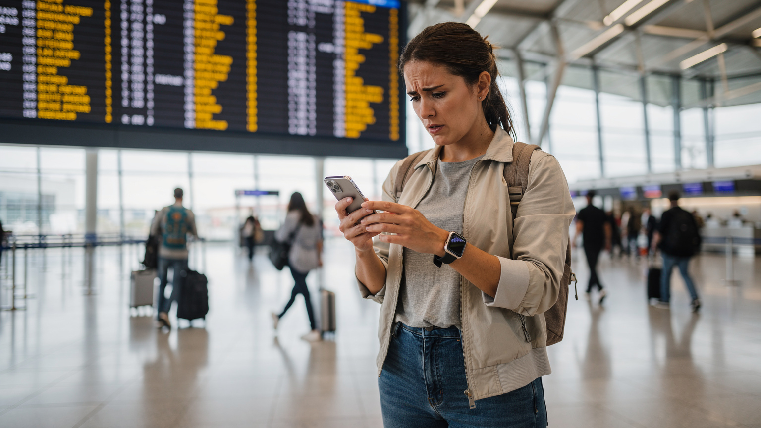 En reisende står frustrert foran en flyplasstavle, med mobiltelefonen i hånden og Apple Watch på håndleddet, og søker etter nettverk.