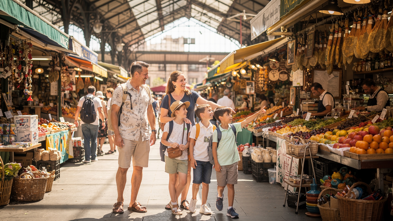 A family with two children enjoying an outdoor market in Barcelona, parents looking relaxed while the kids are engaged with their surroundings, not their devices.