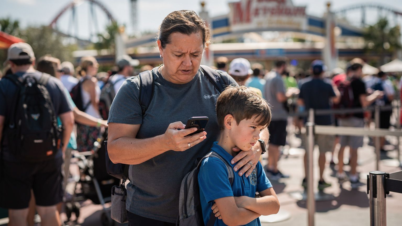 A concerned parent looking at their phone screen, possibly checking data usage or connection status, while standing in a busy queue at a theme park entrance.