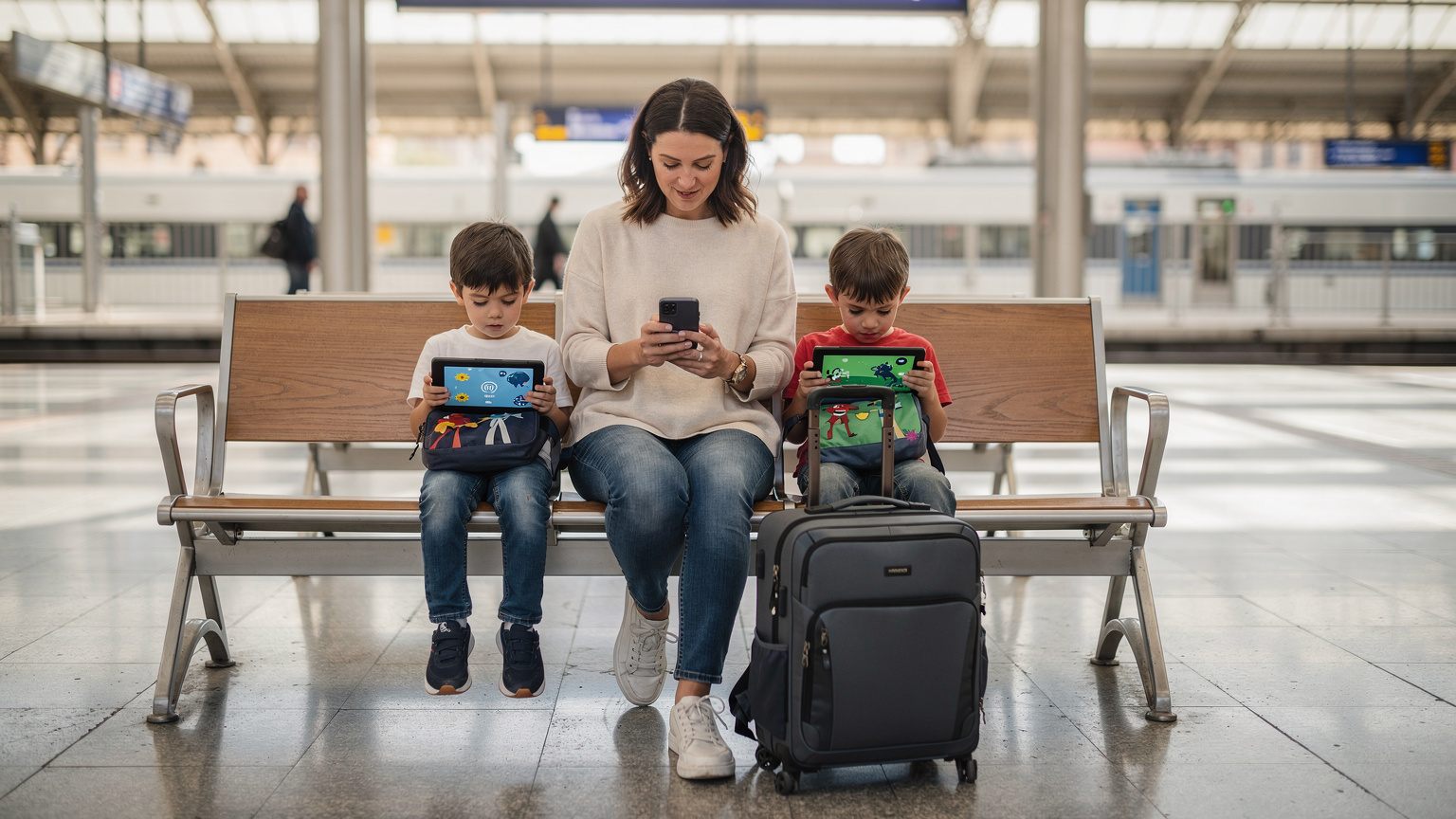 Una madre sentada en un banco de una estación de tren en España, consultando su smartphone con una eSIM activa, mientras sus dos hijos pequeños juegan tranquilamente con sus tabletas a su lado.