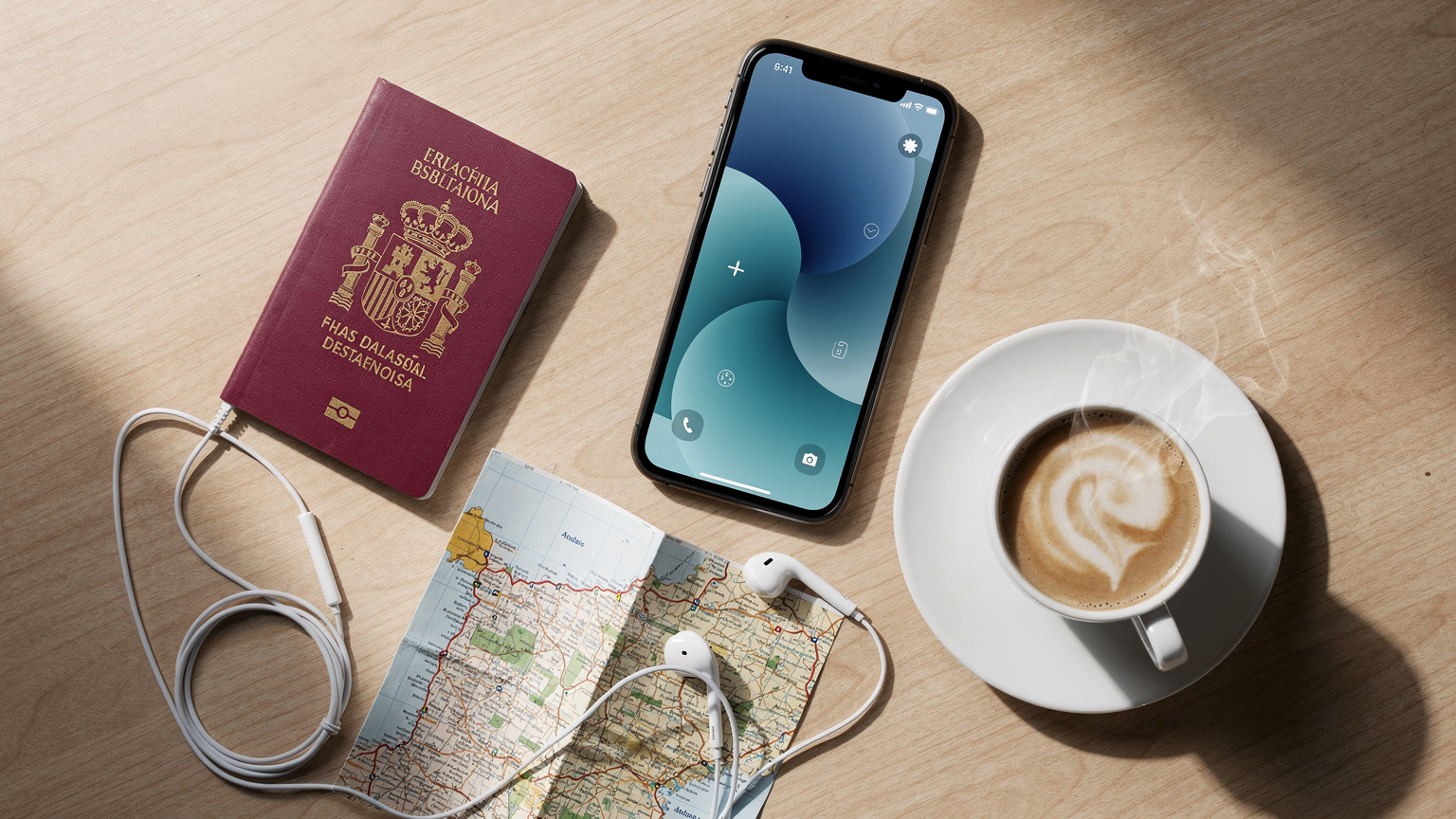 Una vista aérea (flat-lay) de un pasaporte español, un smartphone con la app Cellesim abierta, unos auriculares in-ear, un mapa doblado de Andalucía y una taza de café, todo sobre una mesa de madera clara, representando la planificación de un viaje.