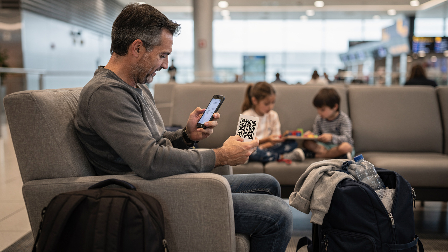 Un padre viajero, con una expresión de alivio, utiliza su smartphone para escanear un código QR de Cellesim y activar su eSIM, mientras está sentado en la sala de espera de un aeropuerto español. A su alrededor, una mochila de viaje y sus hijos jugando cerca.